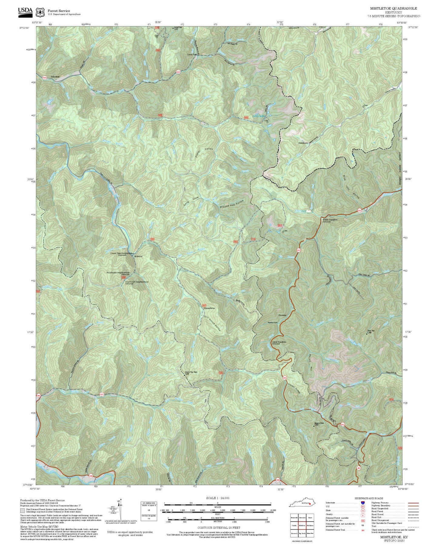 2025 Forest Service Topo Map of Mistletoe Kentucky