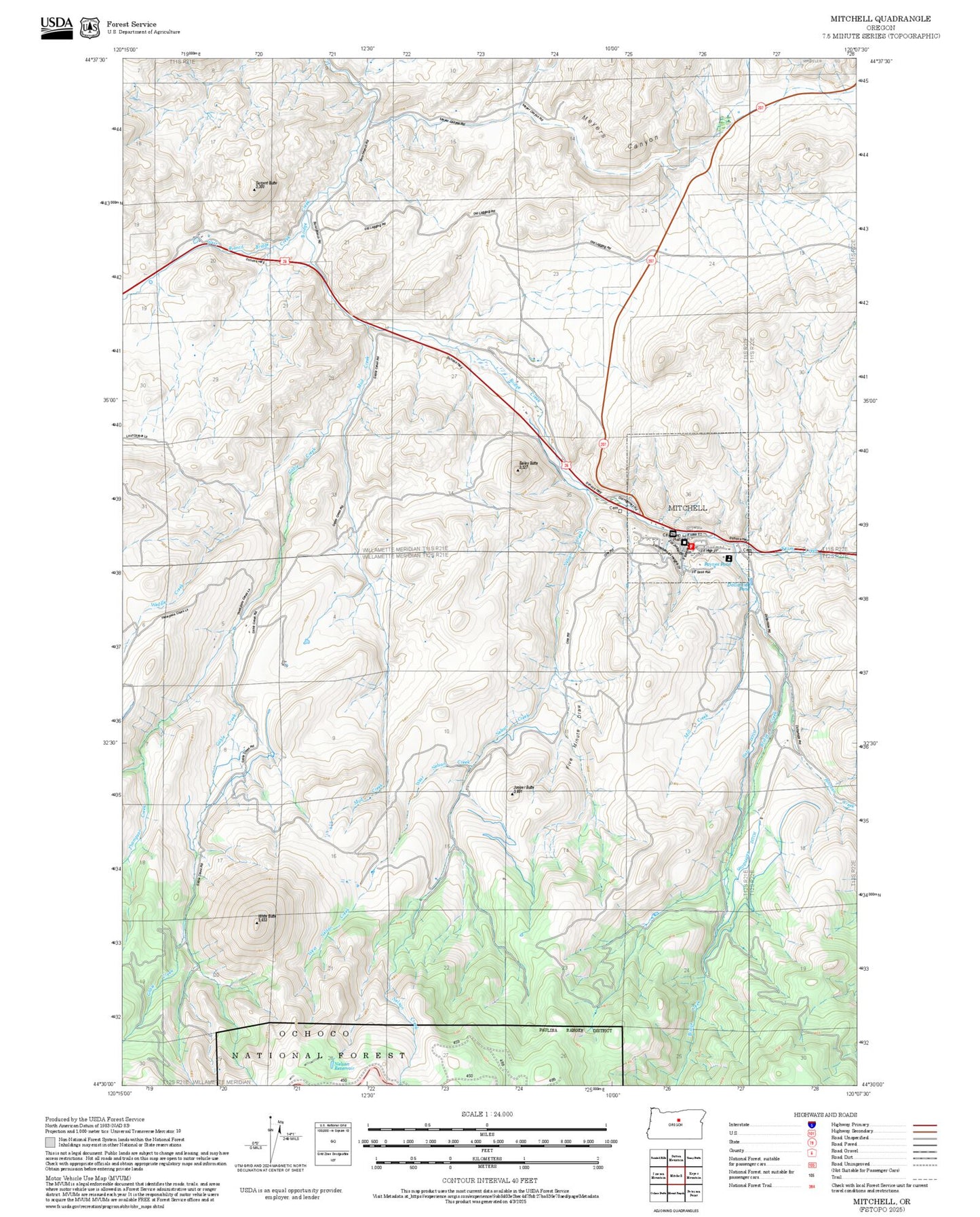 2025 Forest Service Topo Map of Mitchell Oregon