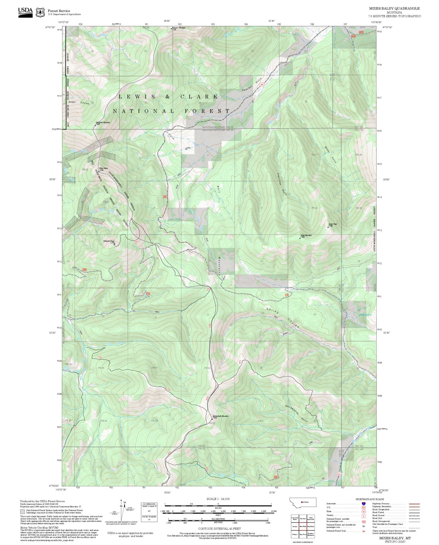 2025 Forest Service Topo Map of Mixes Baldy Montana