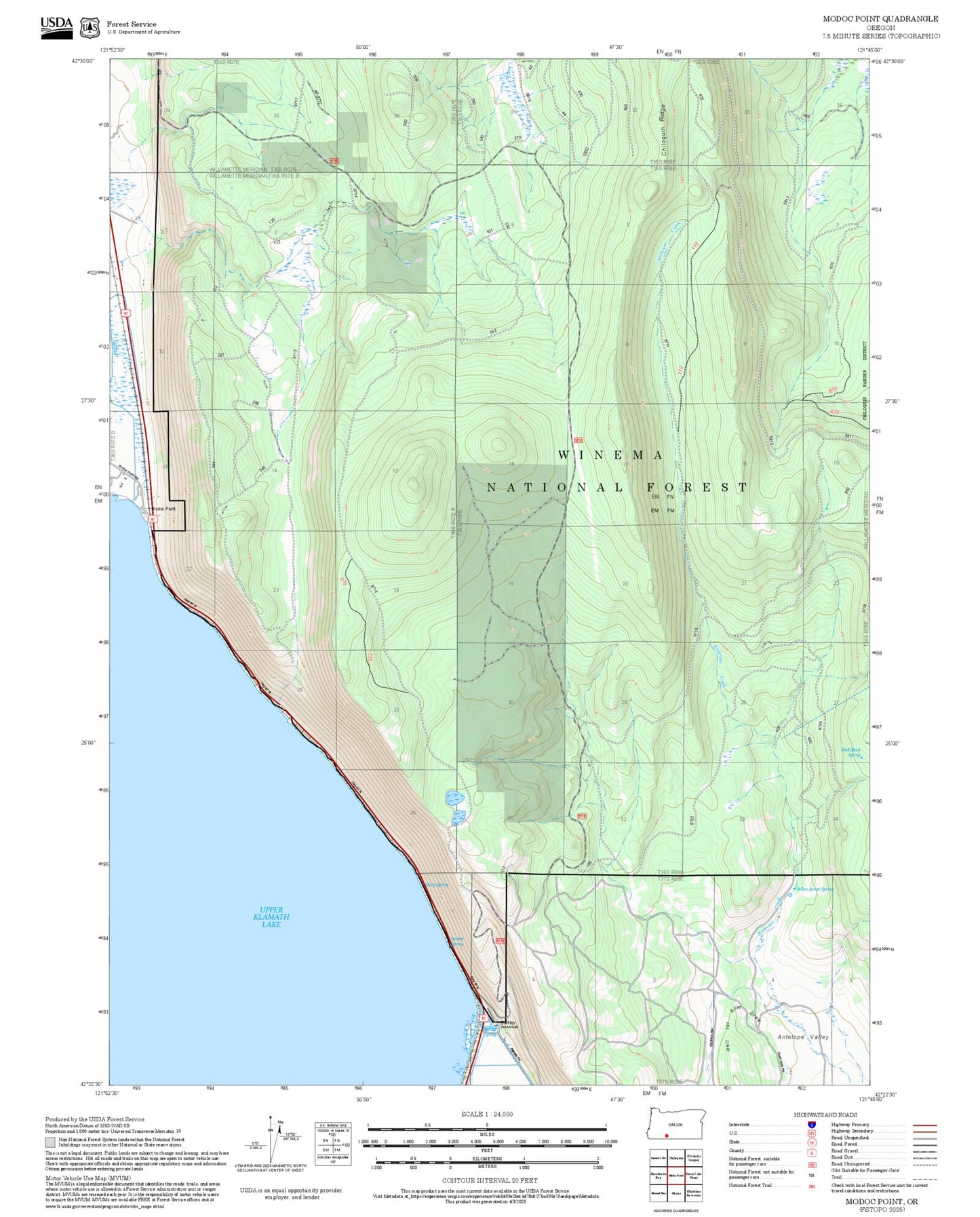 2025 Forest Service Topo Map of Modoc Point Oregon