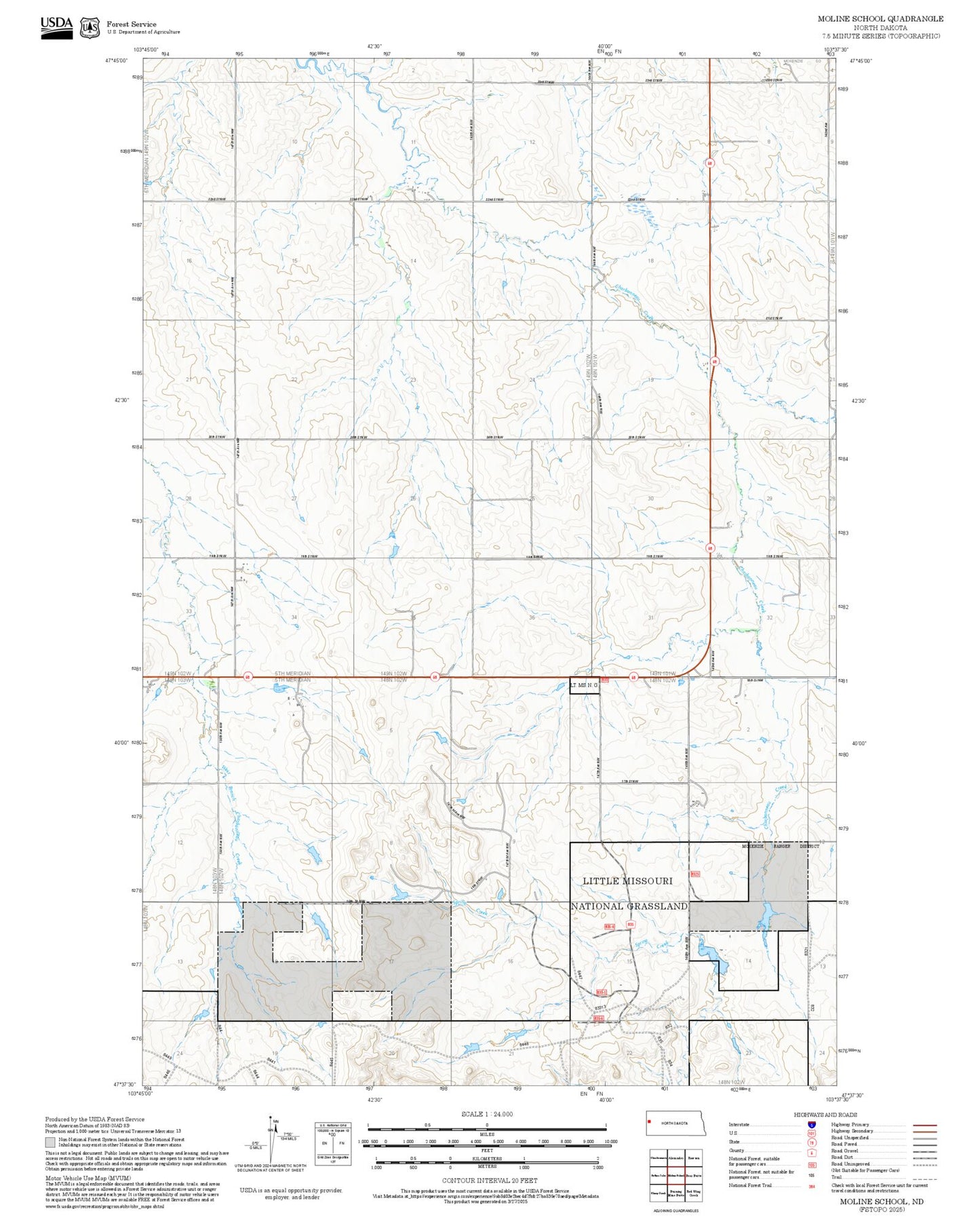 2025 Forest Service Topo Map of Moline School North Dakota
