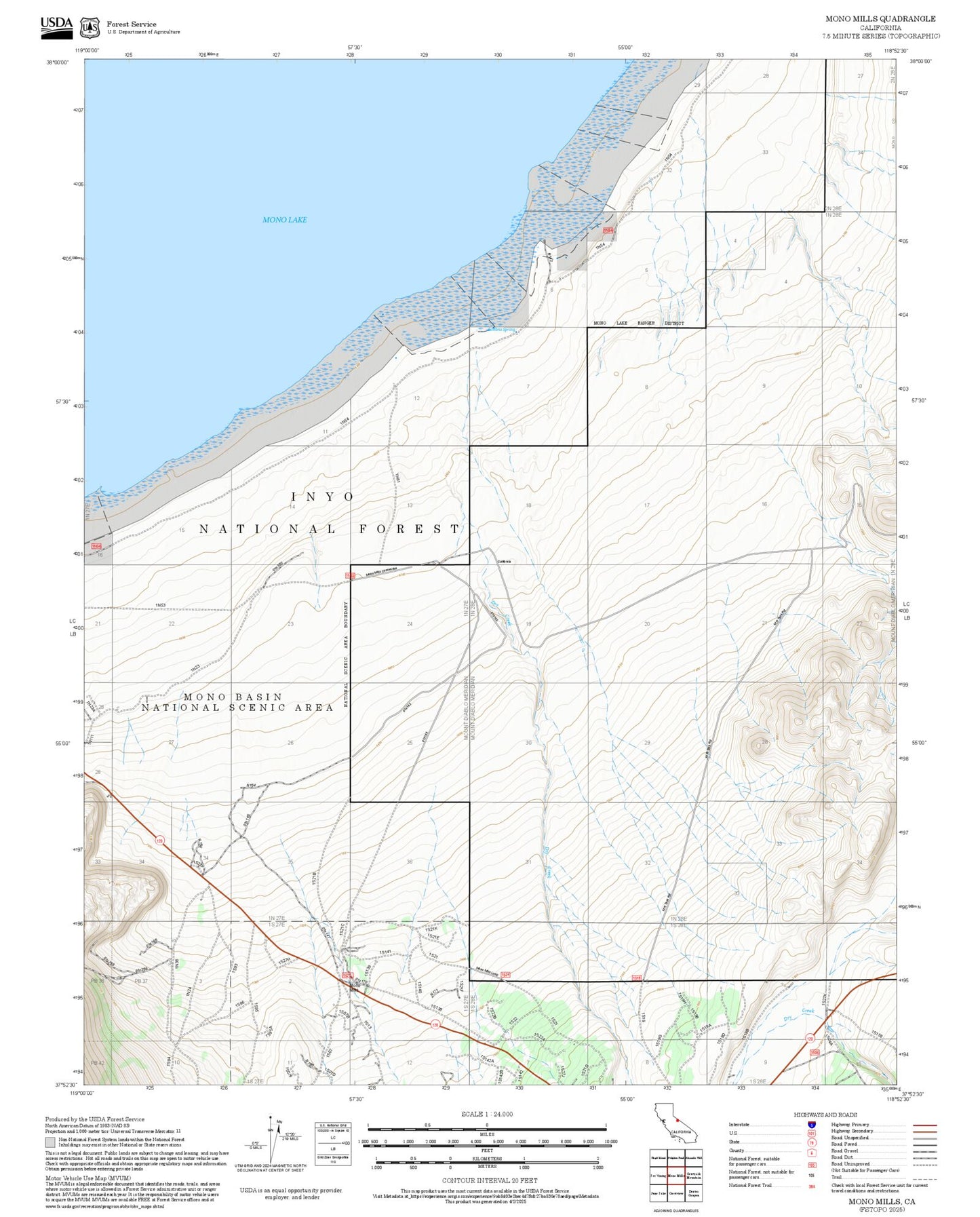 2025 Forest Service Topo Map of Mono Mills California