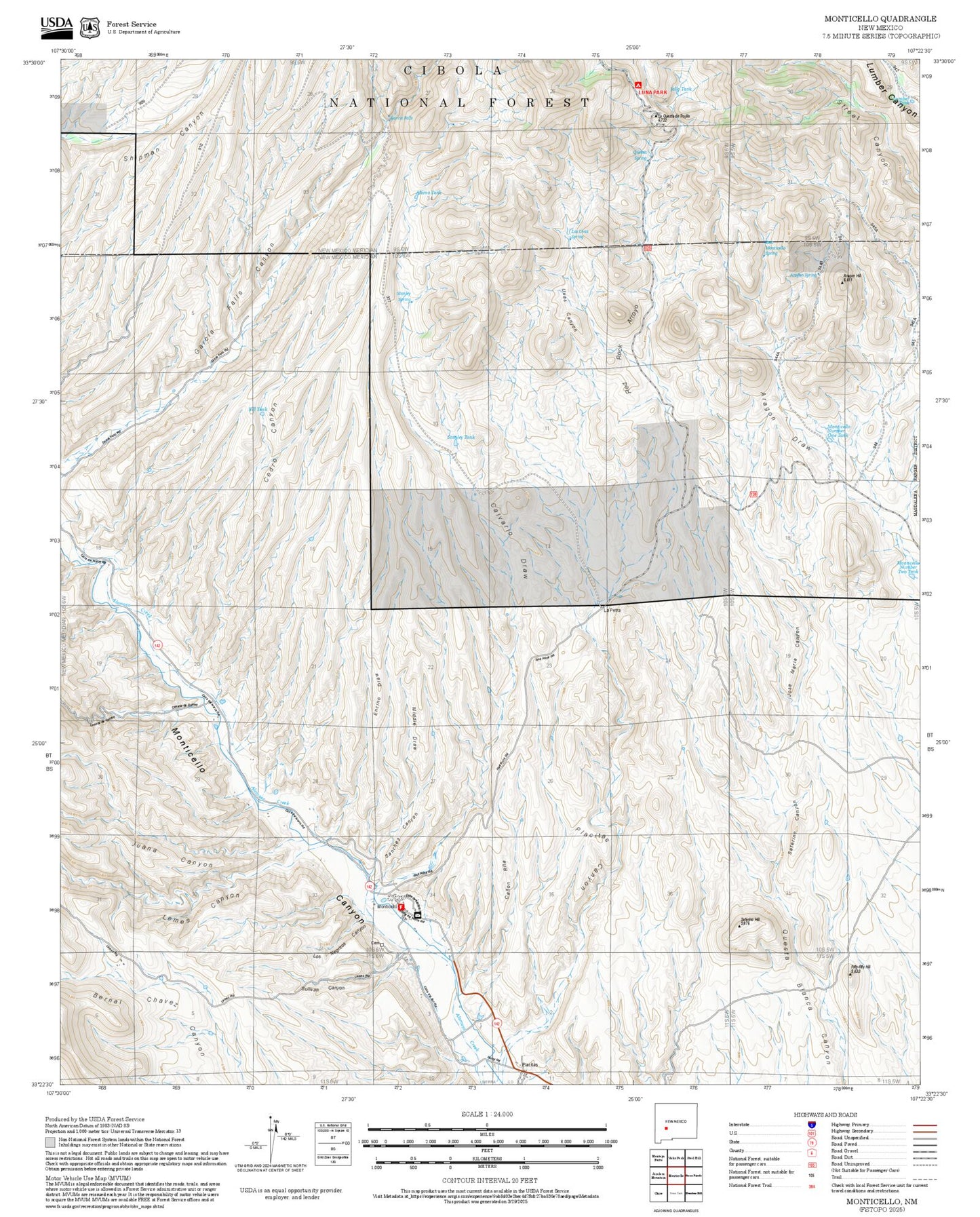 2025 Forest Service Topo Map of Monticello New Mexico