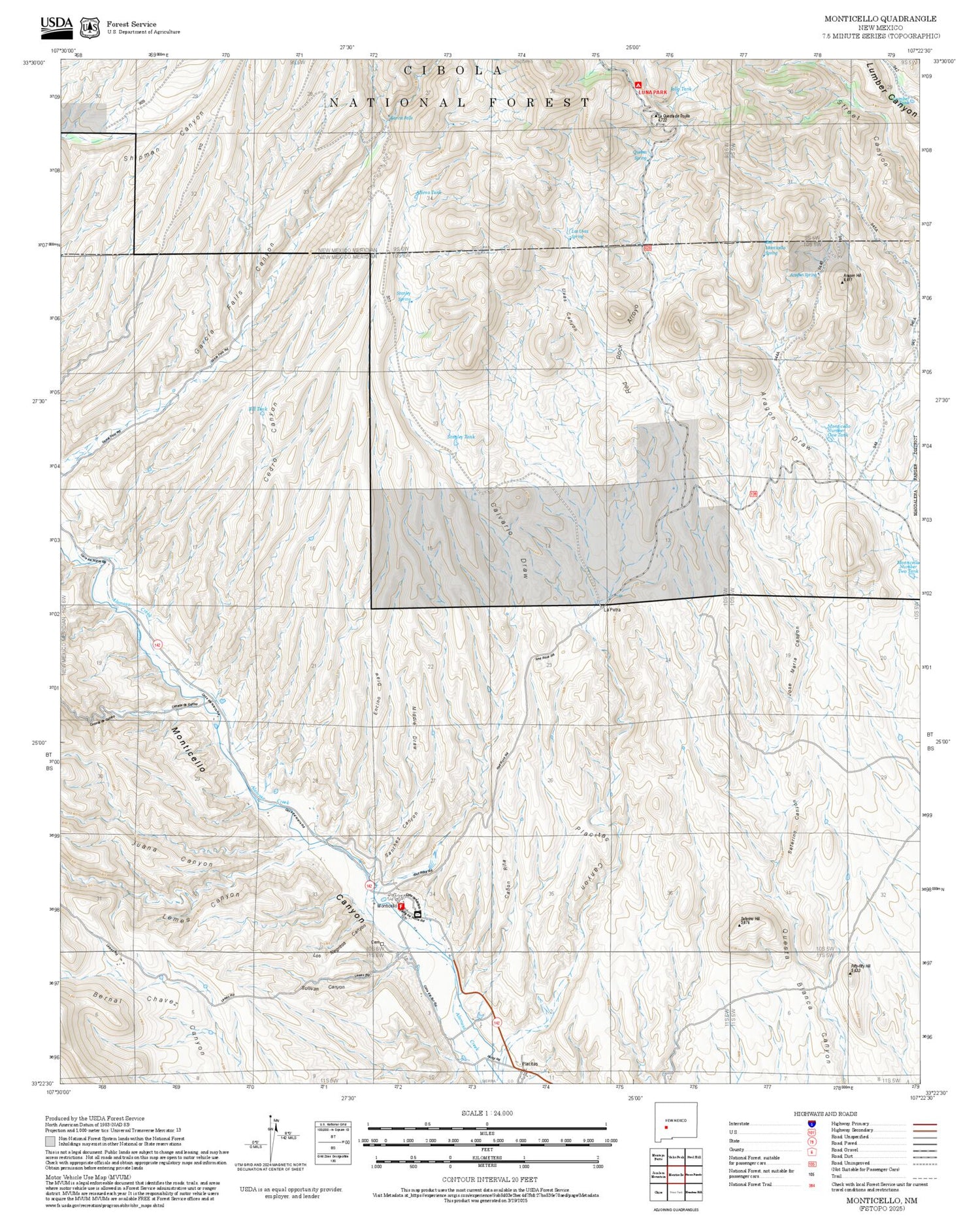 2025 Forest Service Topo Map of Monticello New Mexico