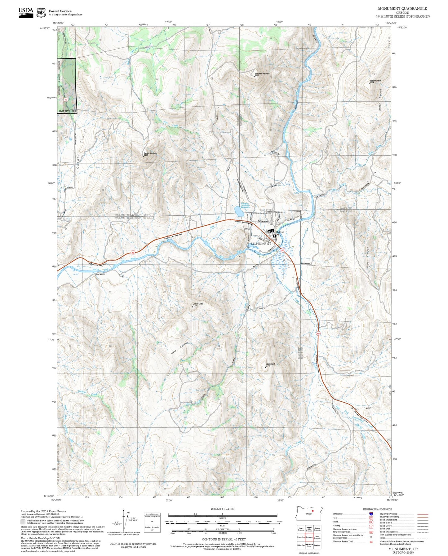2025 Forest Service Topo Map of Monument Oregon