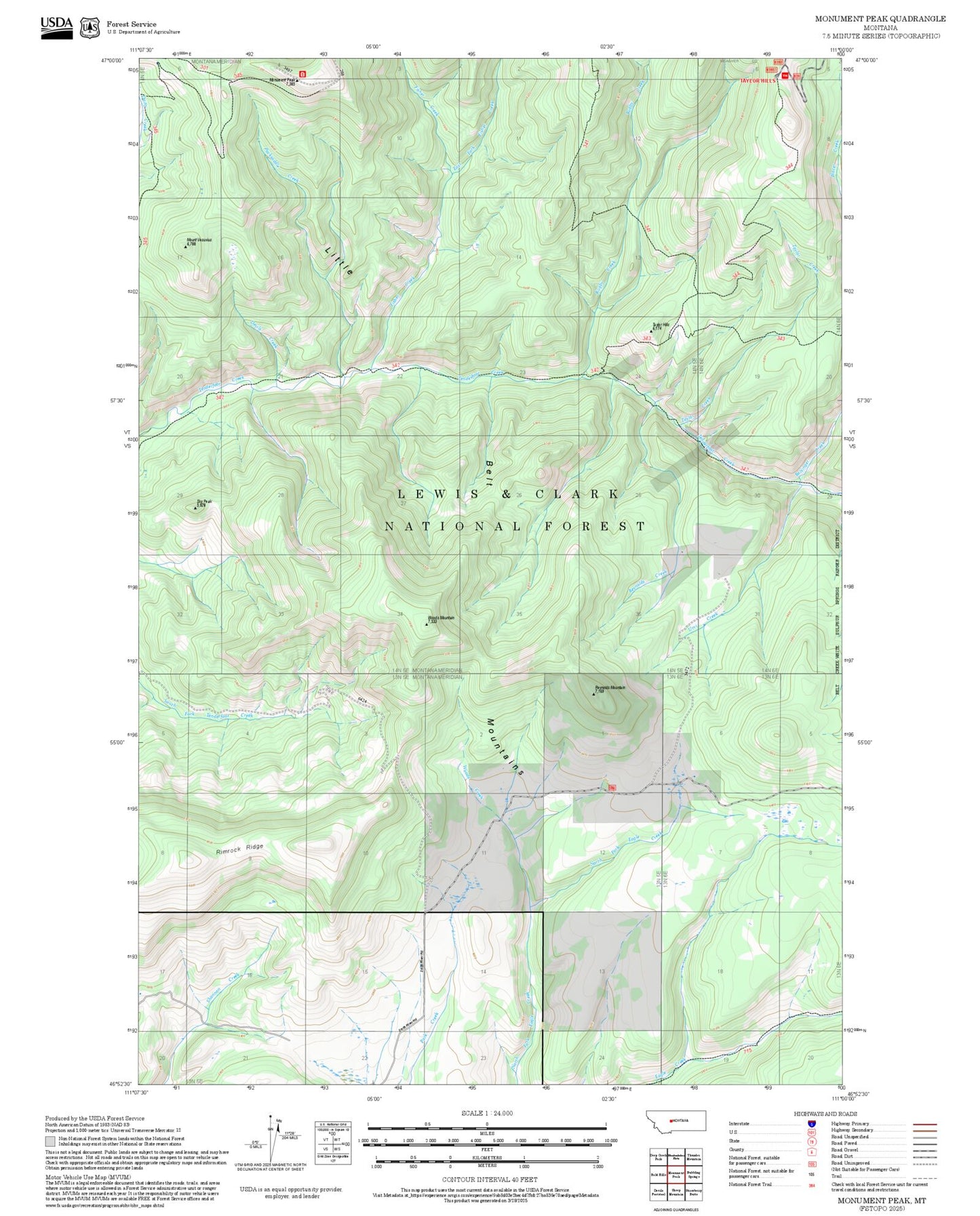 2025 Forest Service Topo Map of Monument Peak Montana
