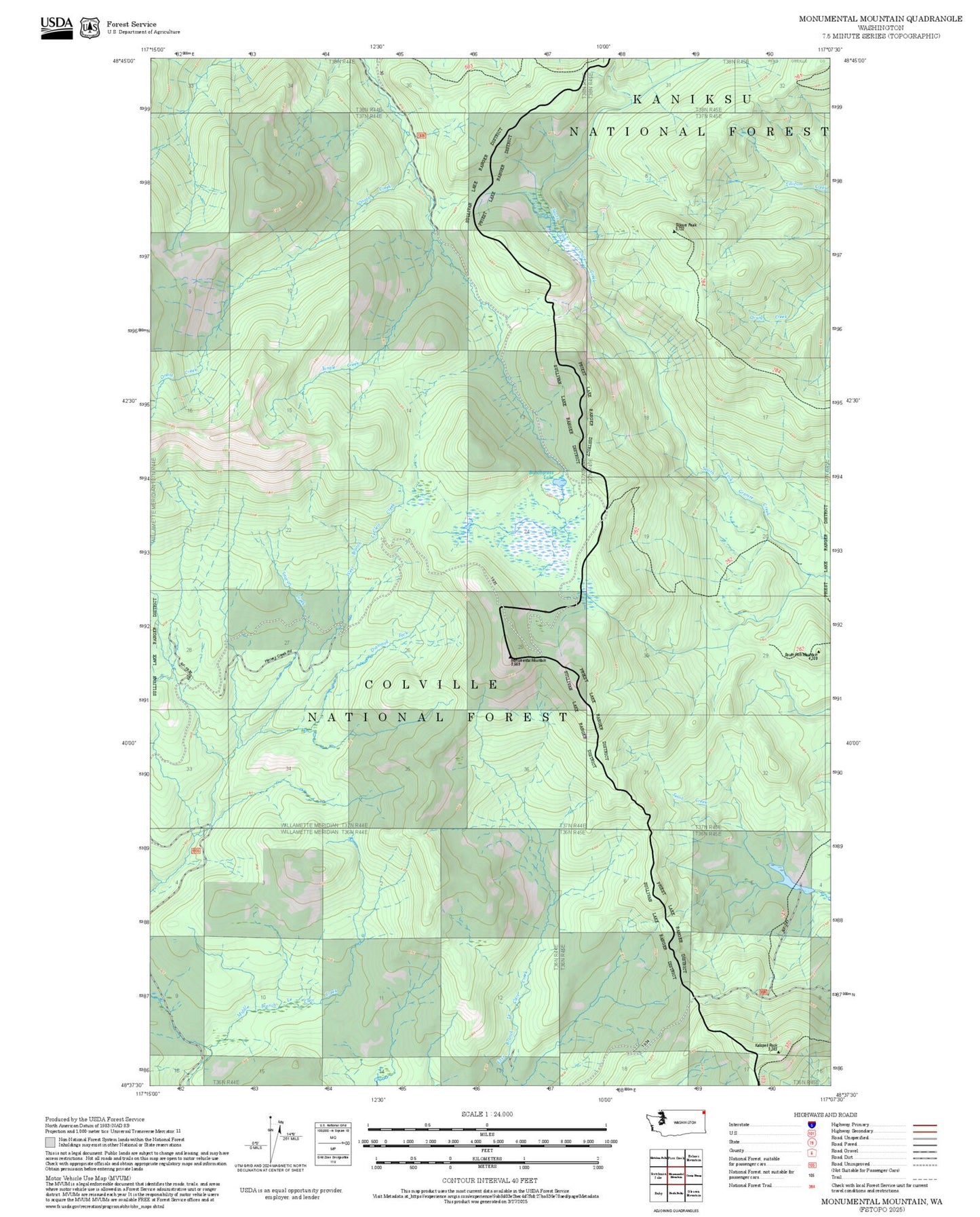 2025 Forest Service Topo Map of Monumental Mountain Washington