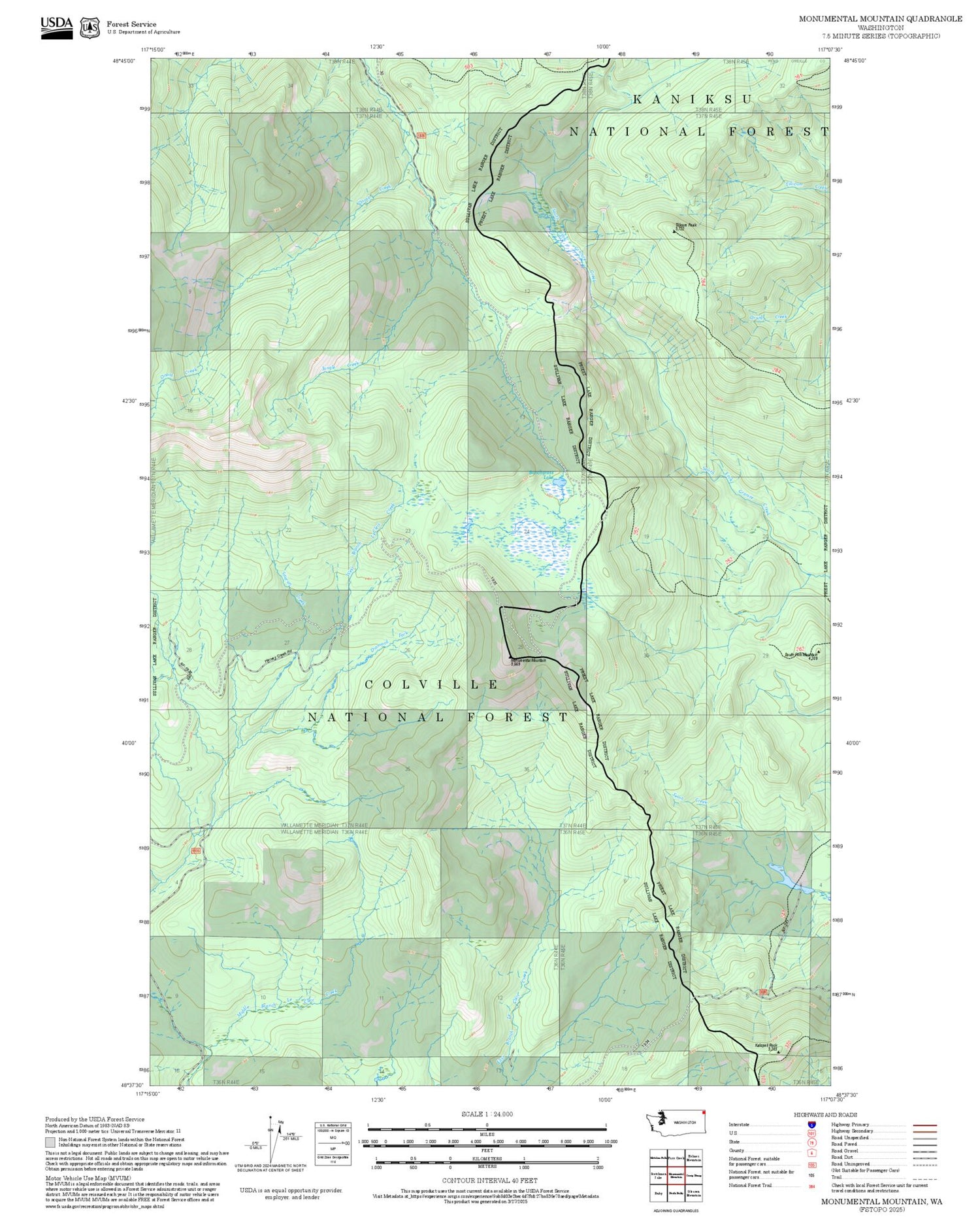 2025 Forest Service Topo Map of Monumental Mountain Washington
