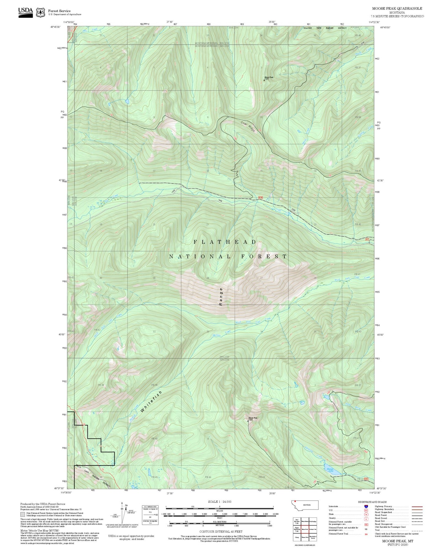 2025 Forest Service Topo Map of Moose Peak Montana