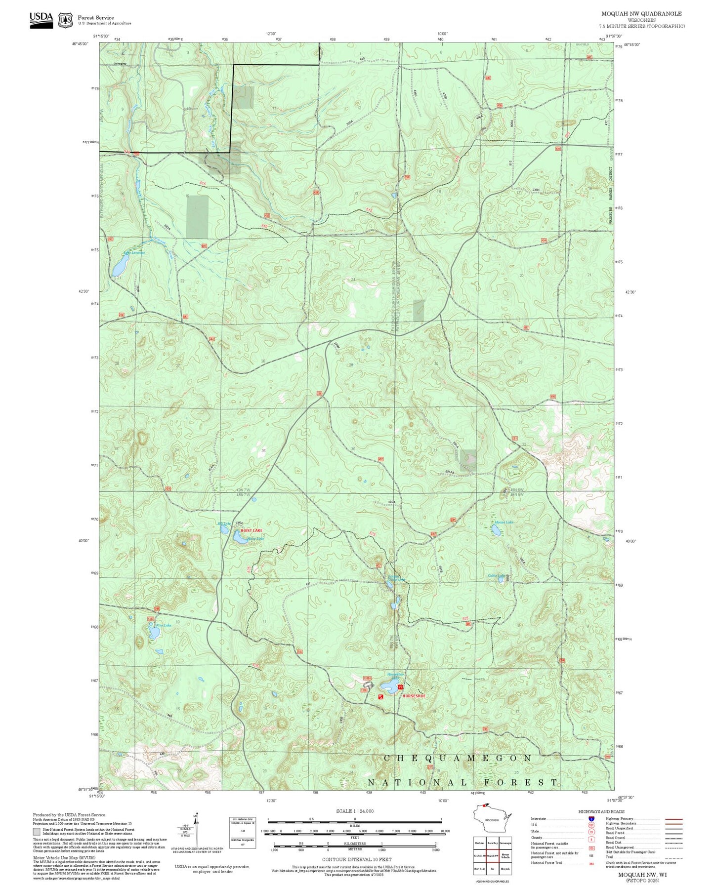 2025 Forest Service Topo Map of Moquah NW Wisconsin