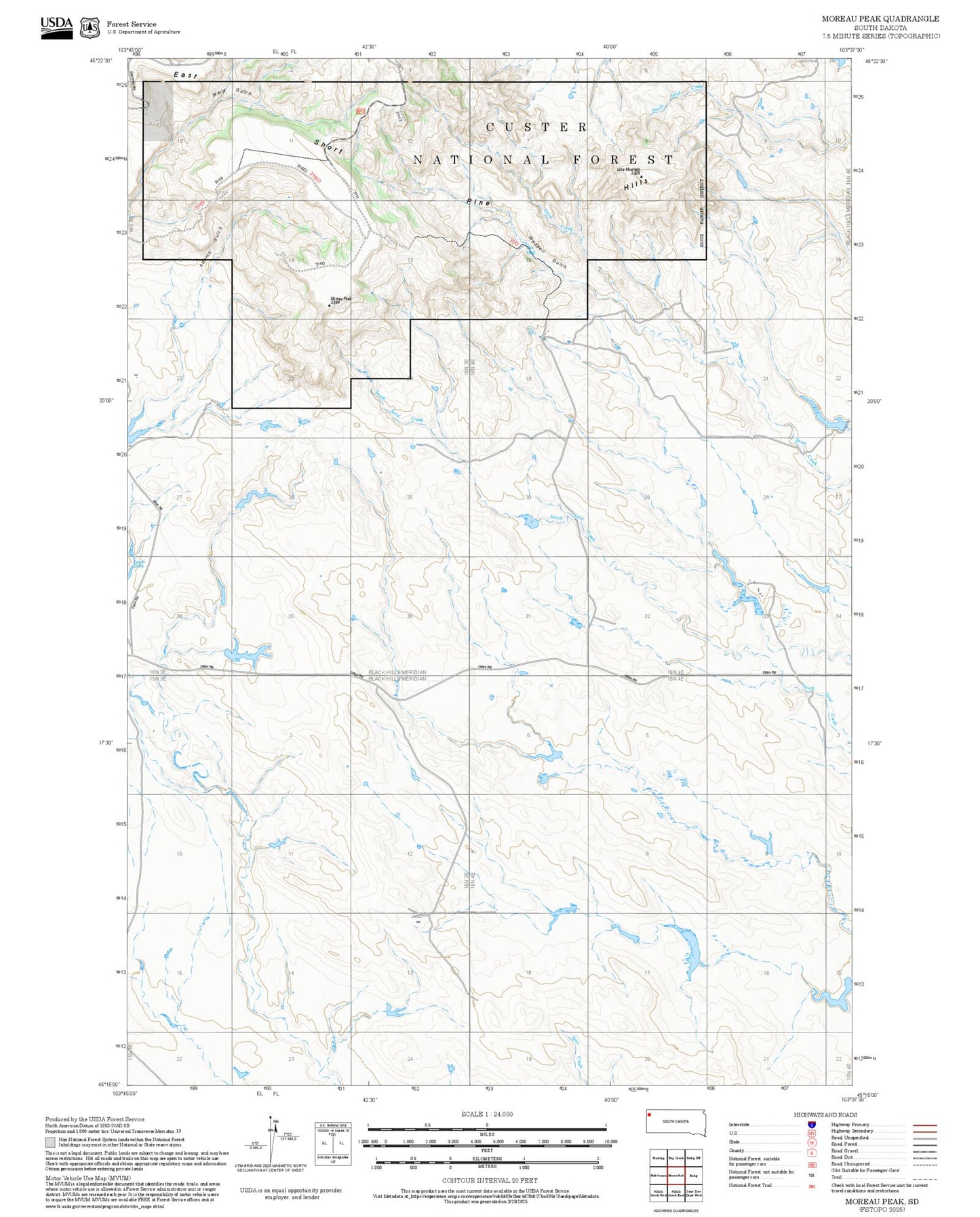 2025 Forest Service Topo Map of Moreau Peak South Dakota