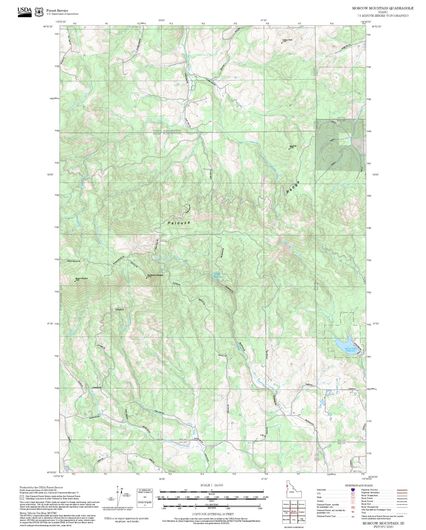 2025 Forest Service Topo Map of Moscow Mountain Idaho