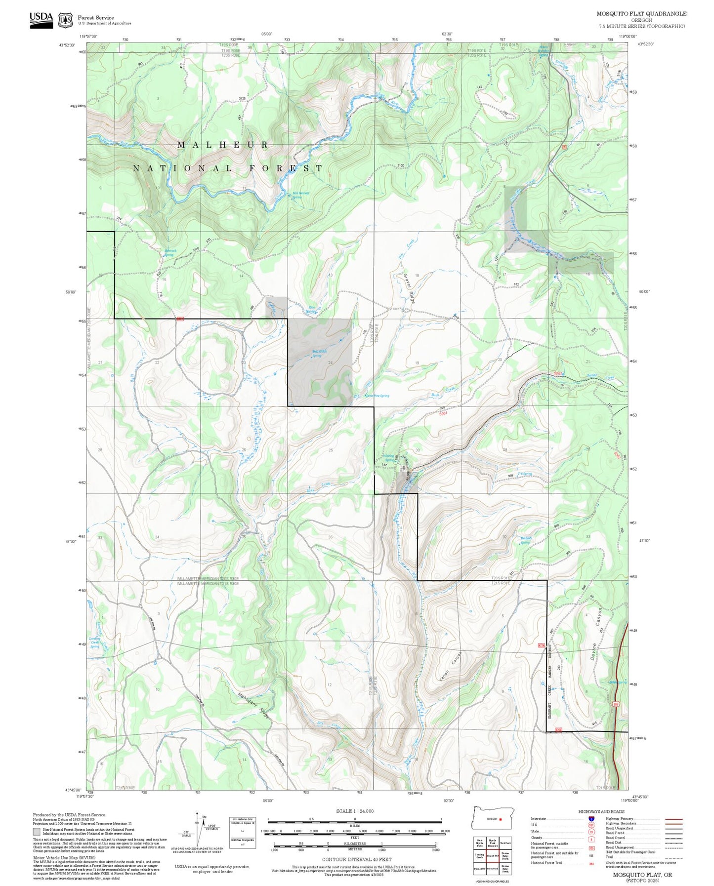 2025 Forest Service Topo Map of Mosquito Flat Oregon