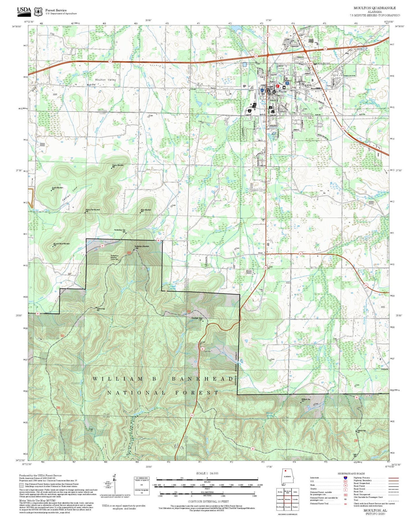 2025 Forest Service Topo Map of Moulton Alabama