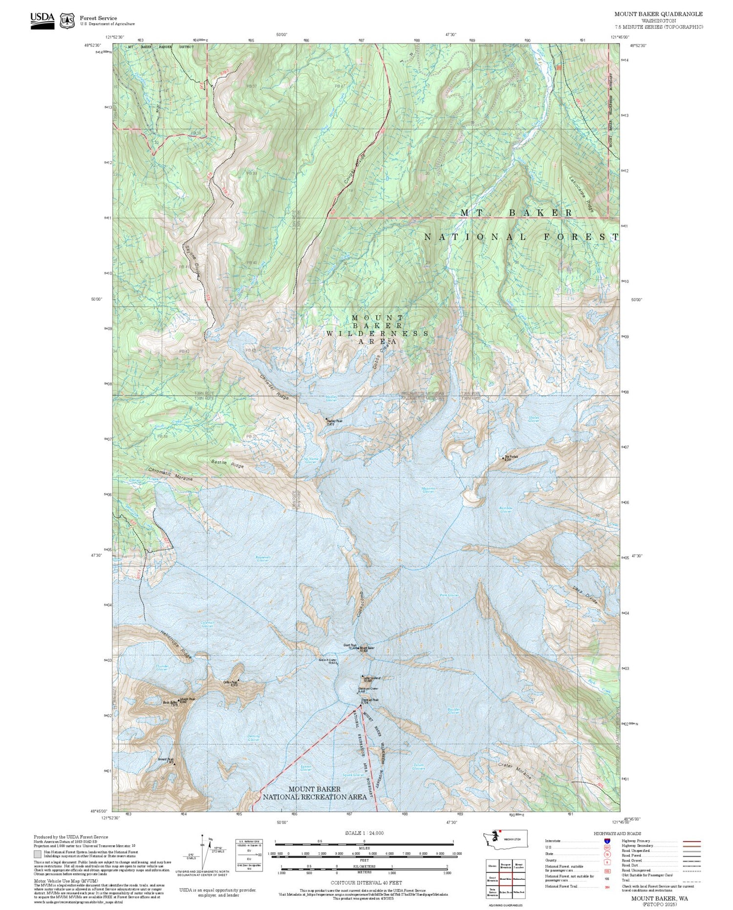 2025 Forest Service Topo Map of Mount Baker Washington