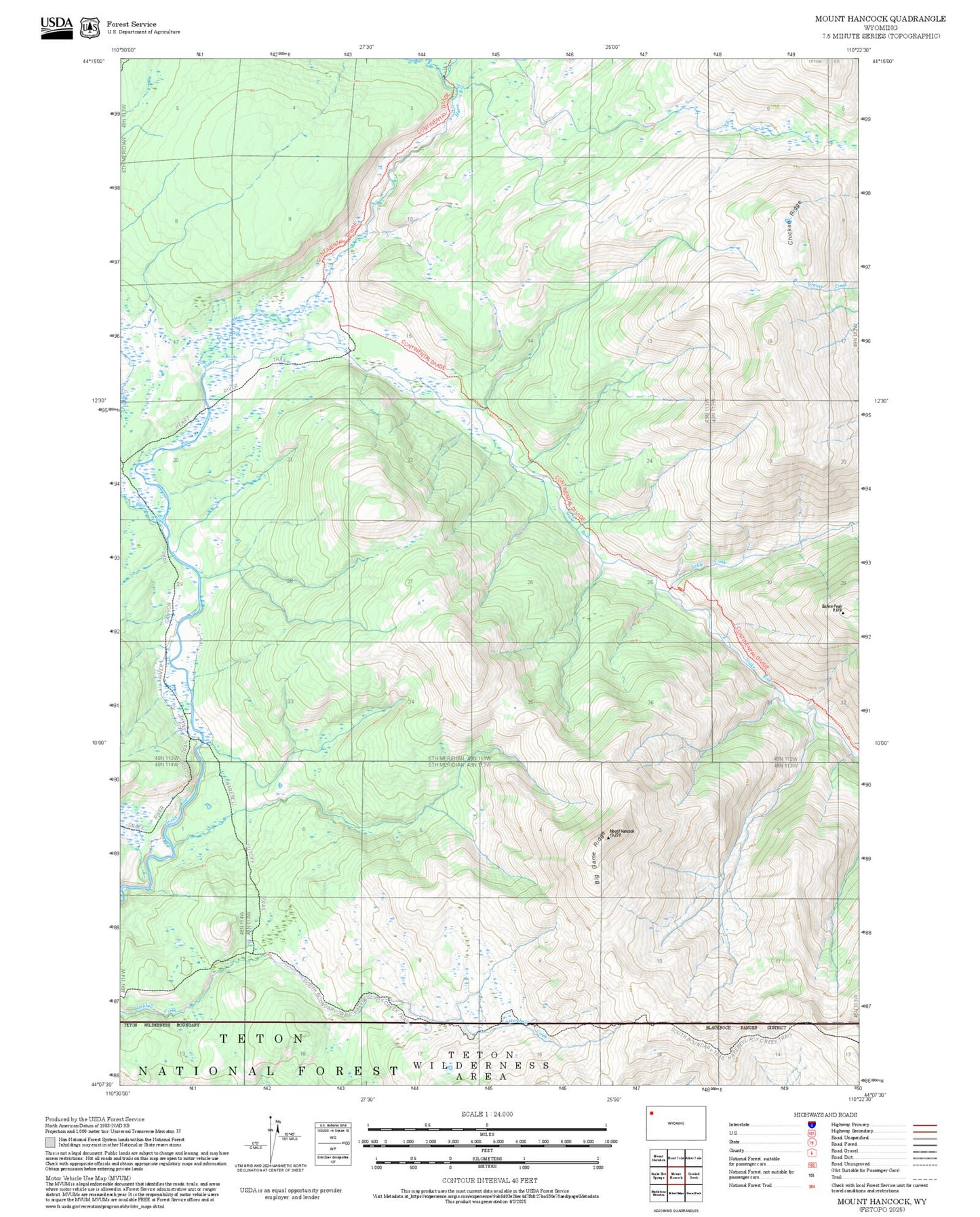 2025 Forest Service Topo Map of Mount Hancock Wyoming