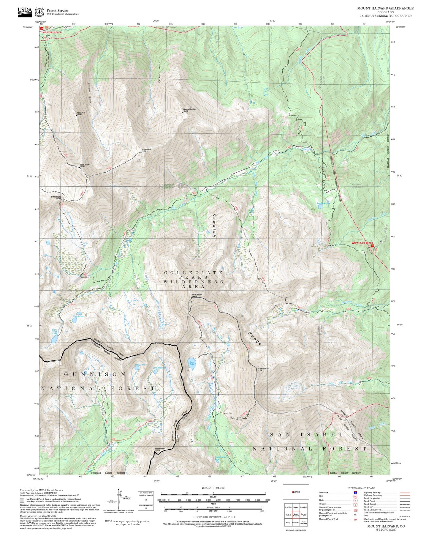 2025 Forest Service Topo Map of Mount Harvard Colorado