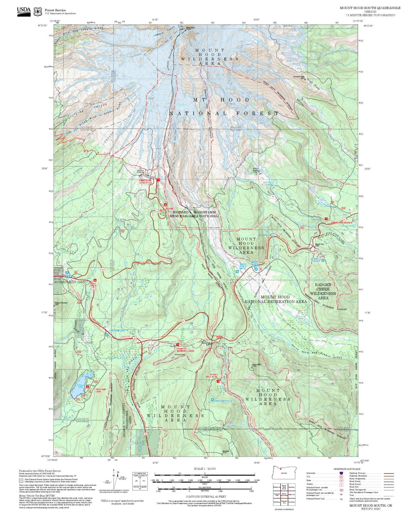 2025 Forest Service Topo Map of Mount Hood South Oregon