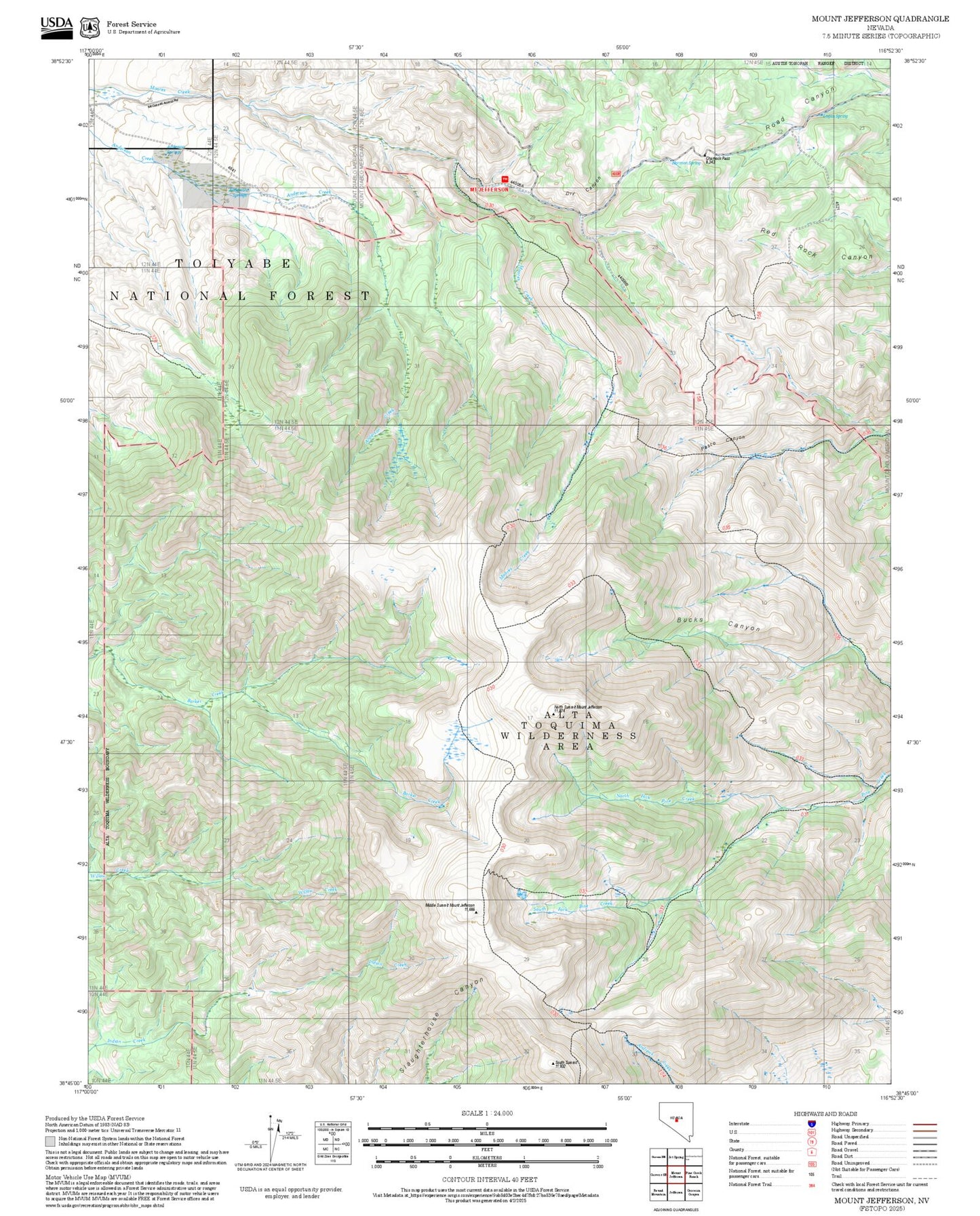 2025 Forest Service Topo Map of Mount Jefferson Nevada