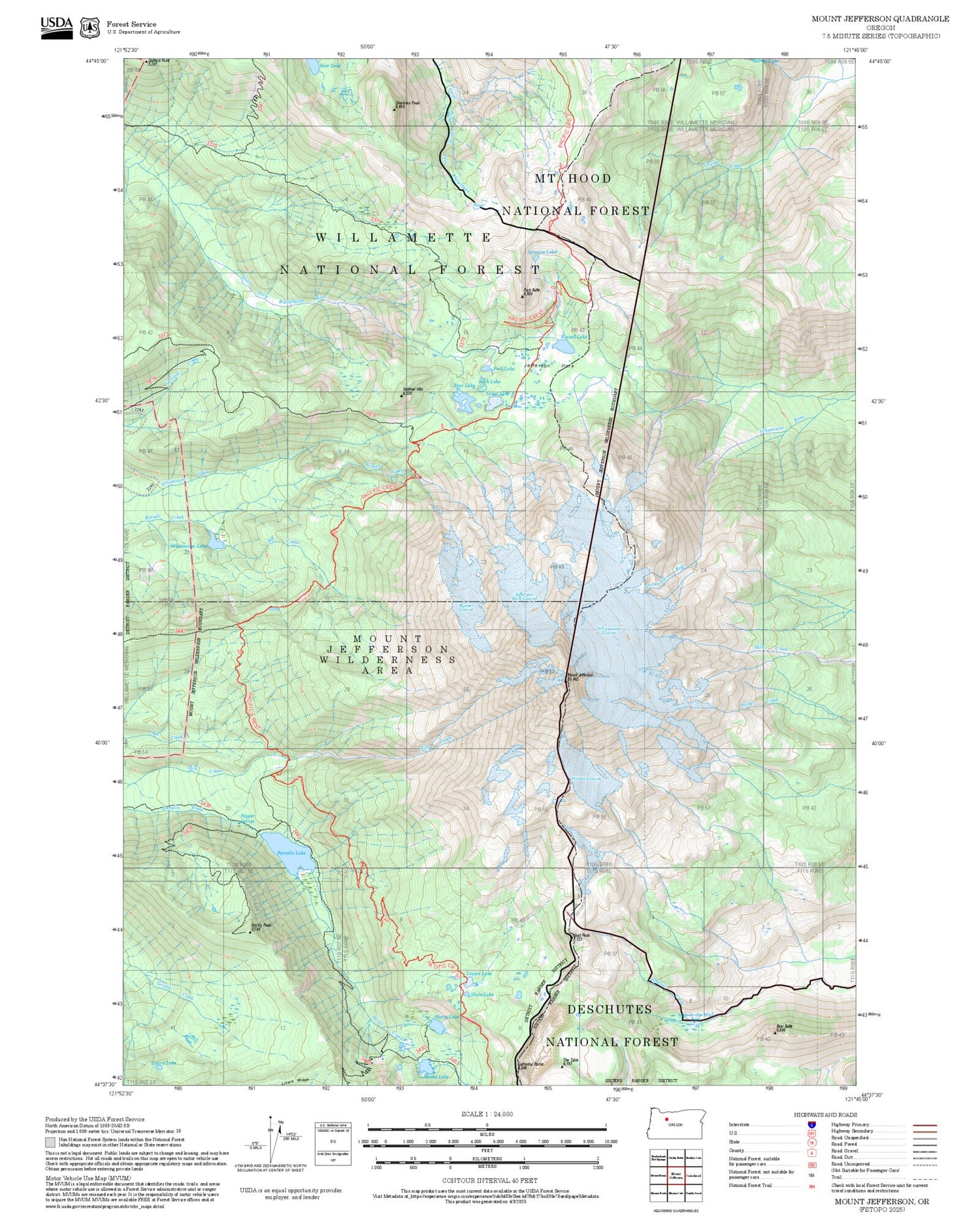 2025 Forest Service Topo Map of Mount Jefferson Oregon