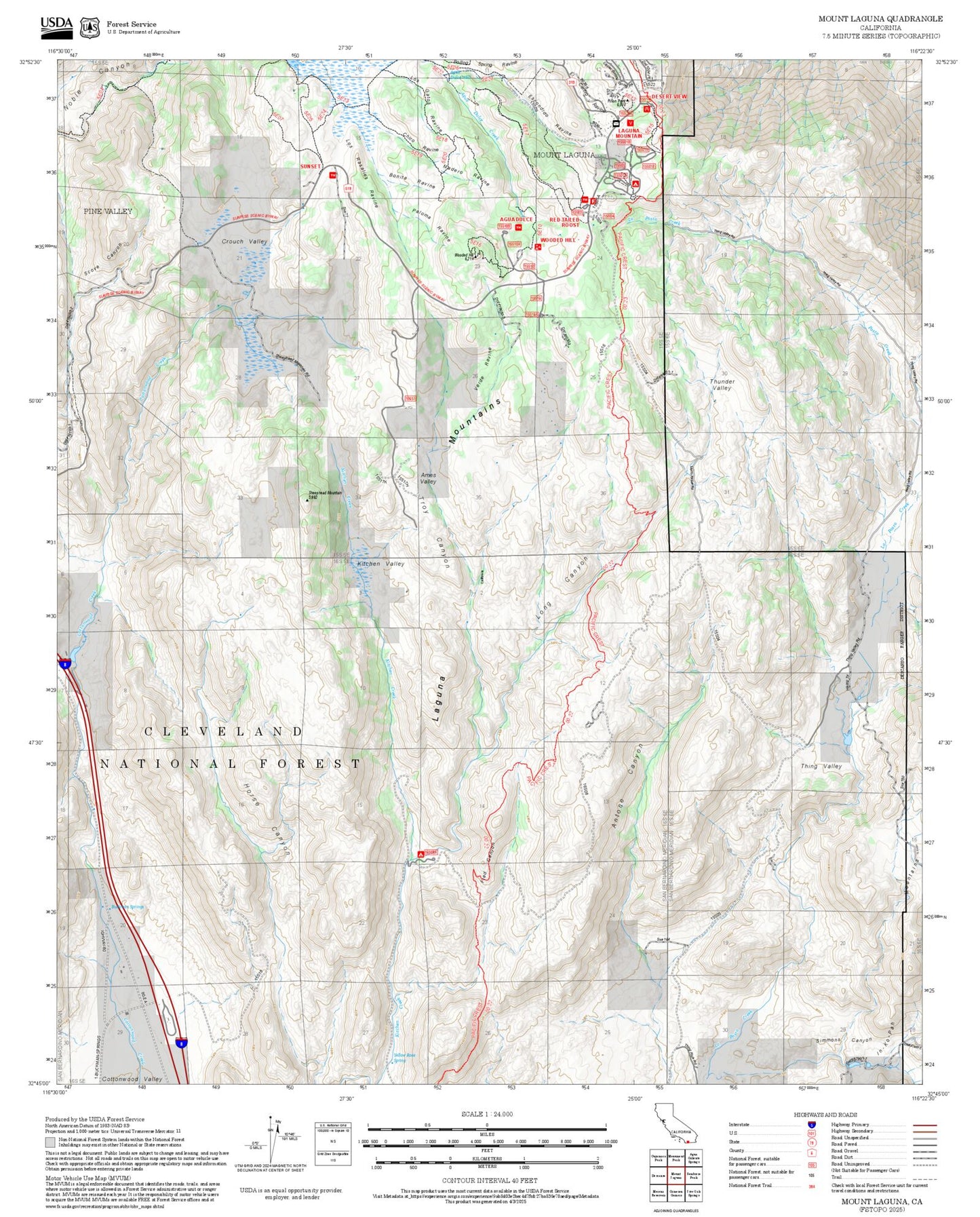 2025 Forest Service Topo Map of Mount Laguna California
