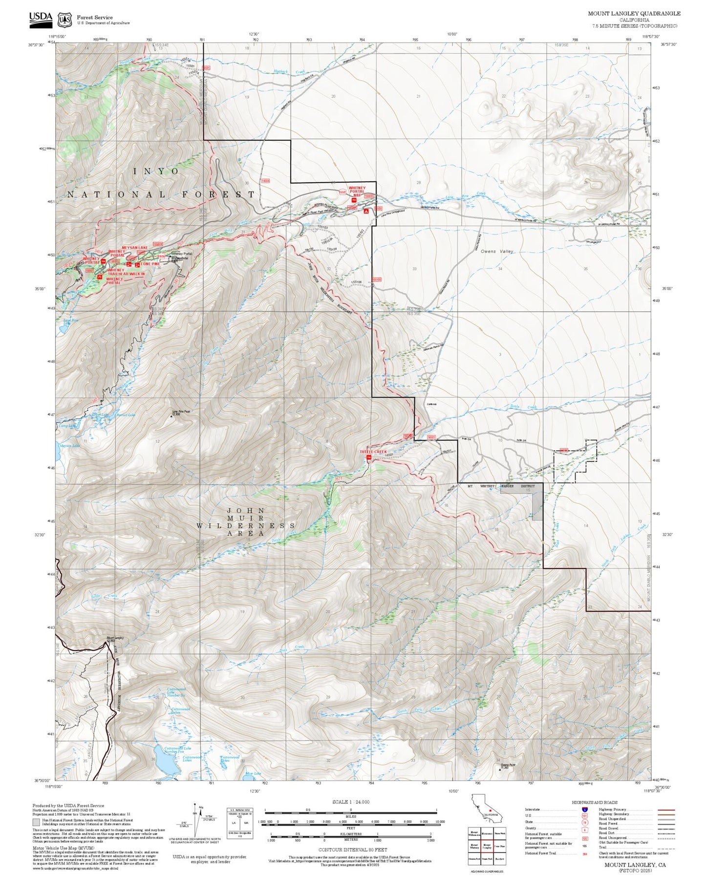 2025 Forest Service Topo Map of Mount Langley California