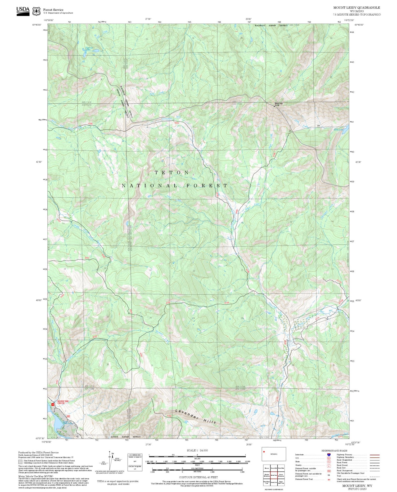2025 Forest Service Topo Map of Mount Leidy Wyoming