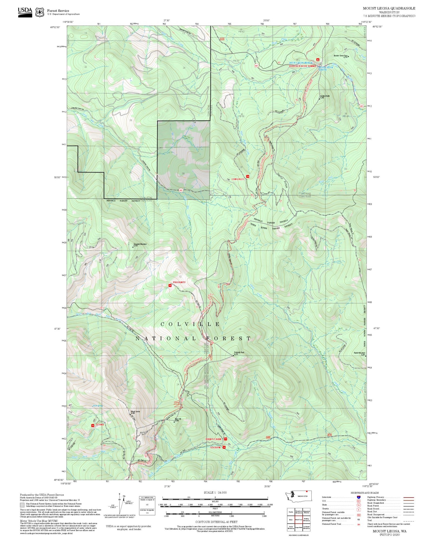 2025 Forest Service Topo Map of Mount Leona Washington