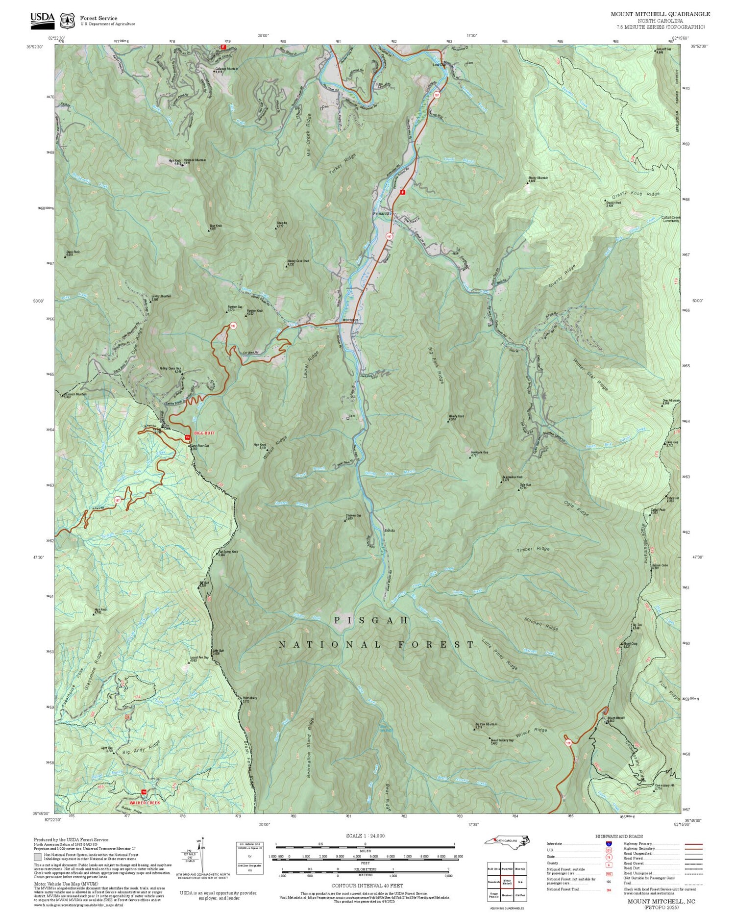 2025 Forest Service Topo Map of Mount Mitchell North Carolina