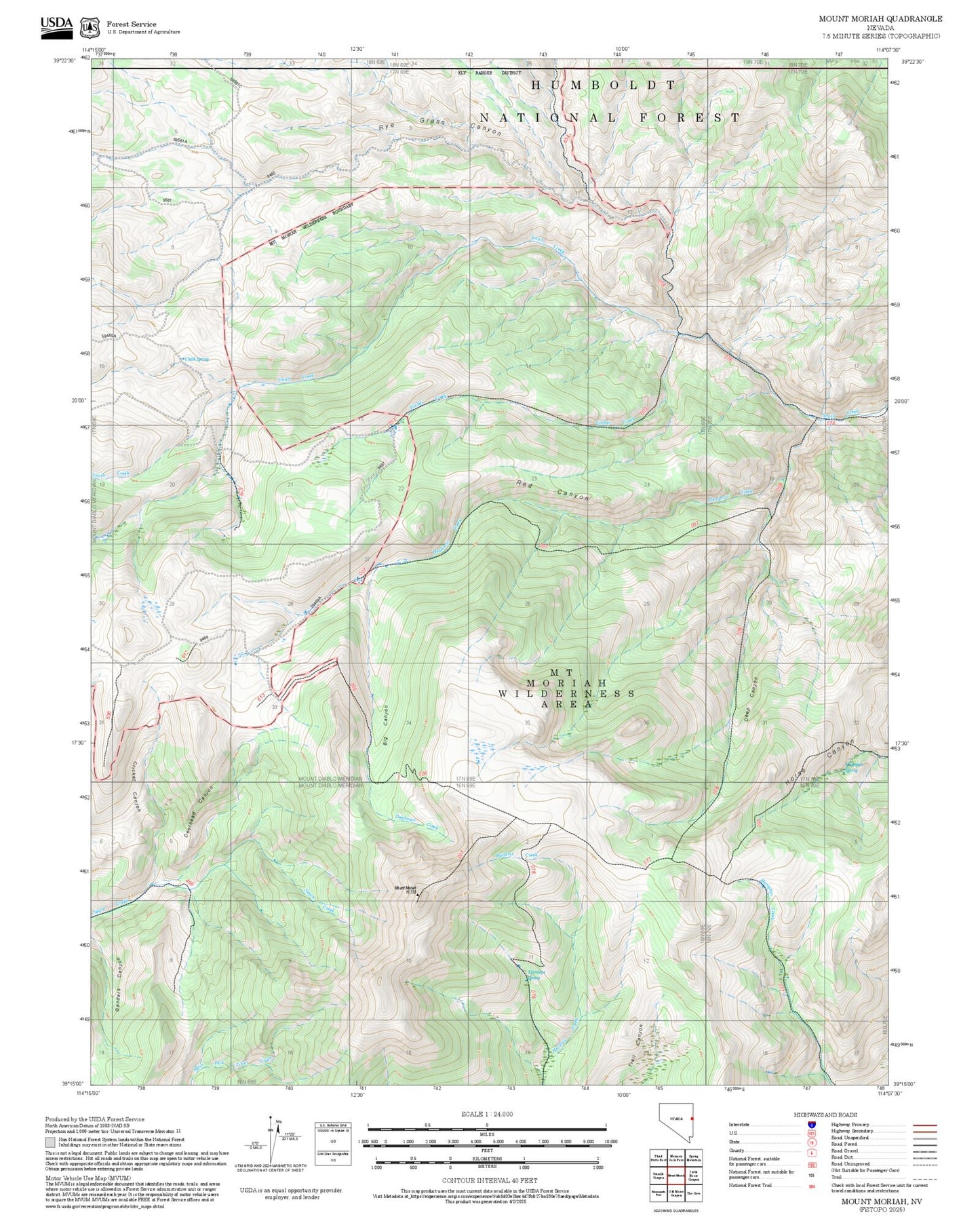 2025 Forest Service Topo Map of Mount Moriah Nevada
