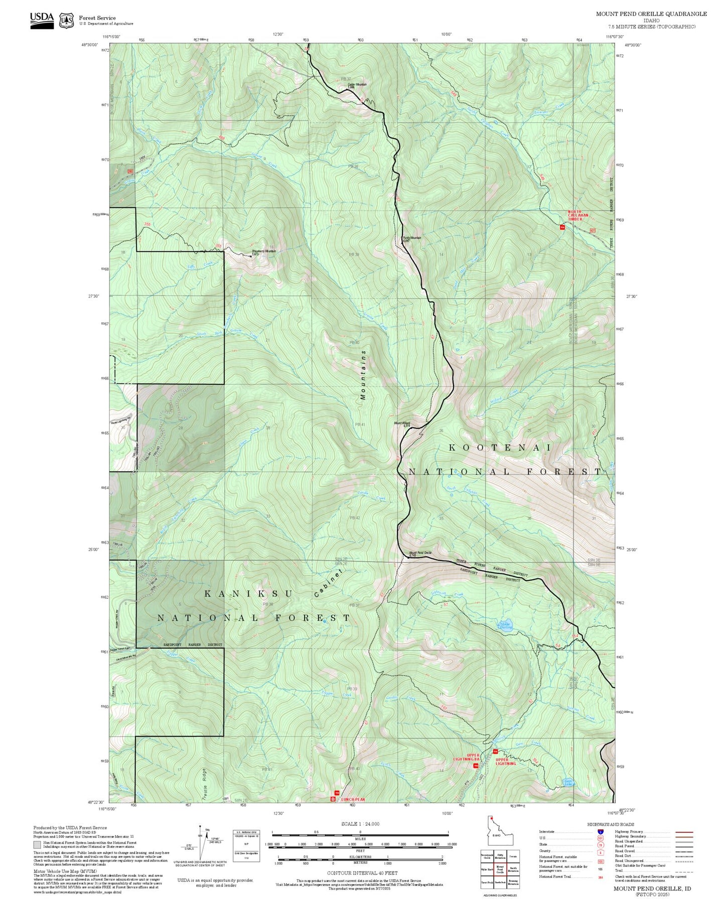 2025 Forest Service Topo Map of Mount Pend Oreille Idaho