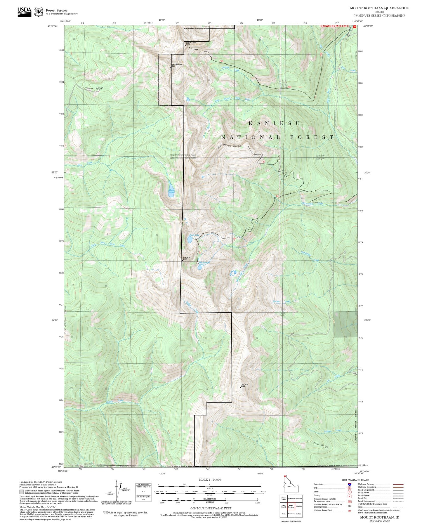 2025 Forest Service Topo Map of Mount Roothaan Idaho
