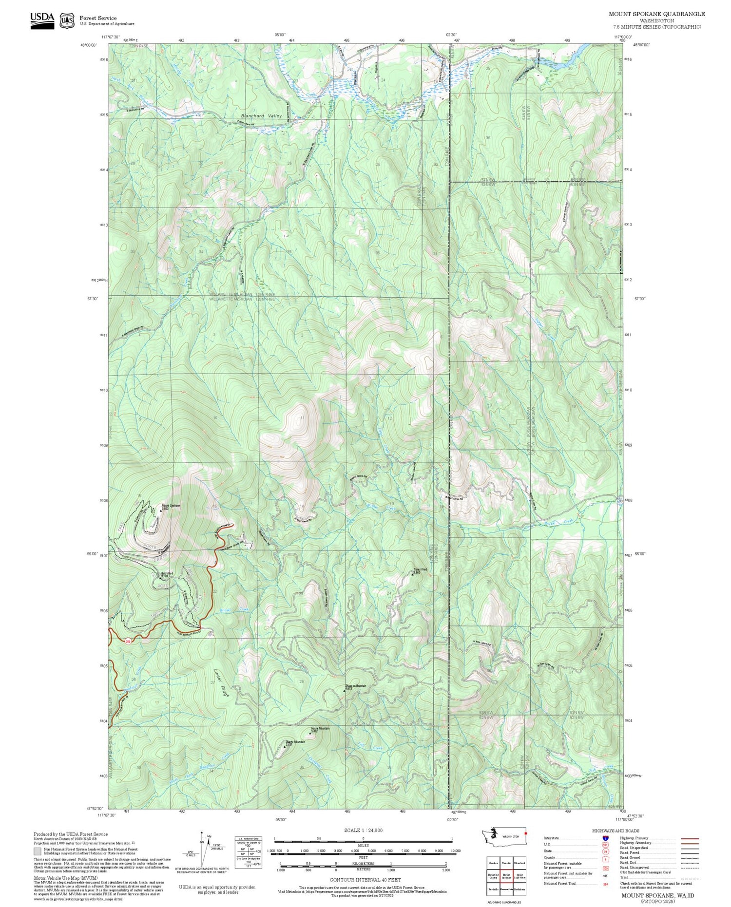 2025 Forest Service Topo Map of Mount Spokane Washington