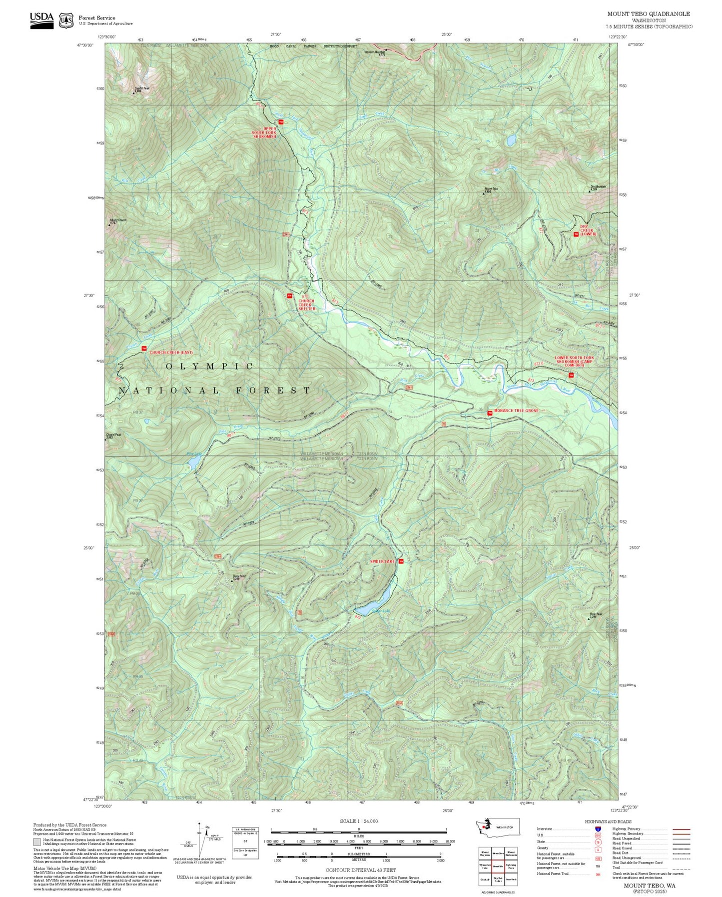 2025 Forest Service Topo Map of Mount Tebo Washington
