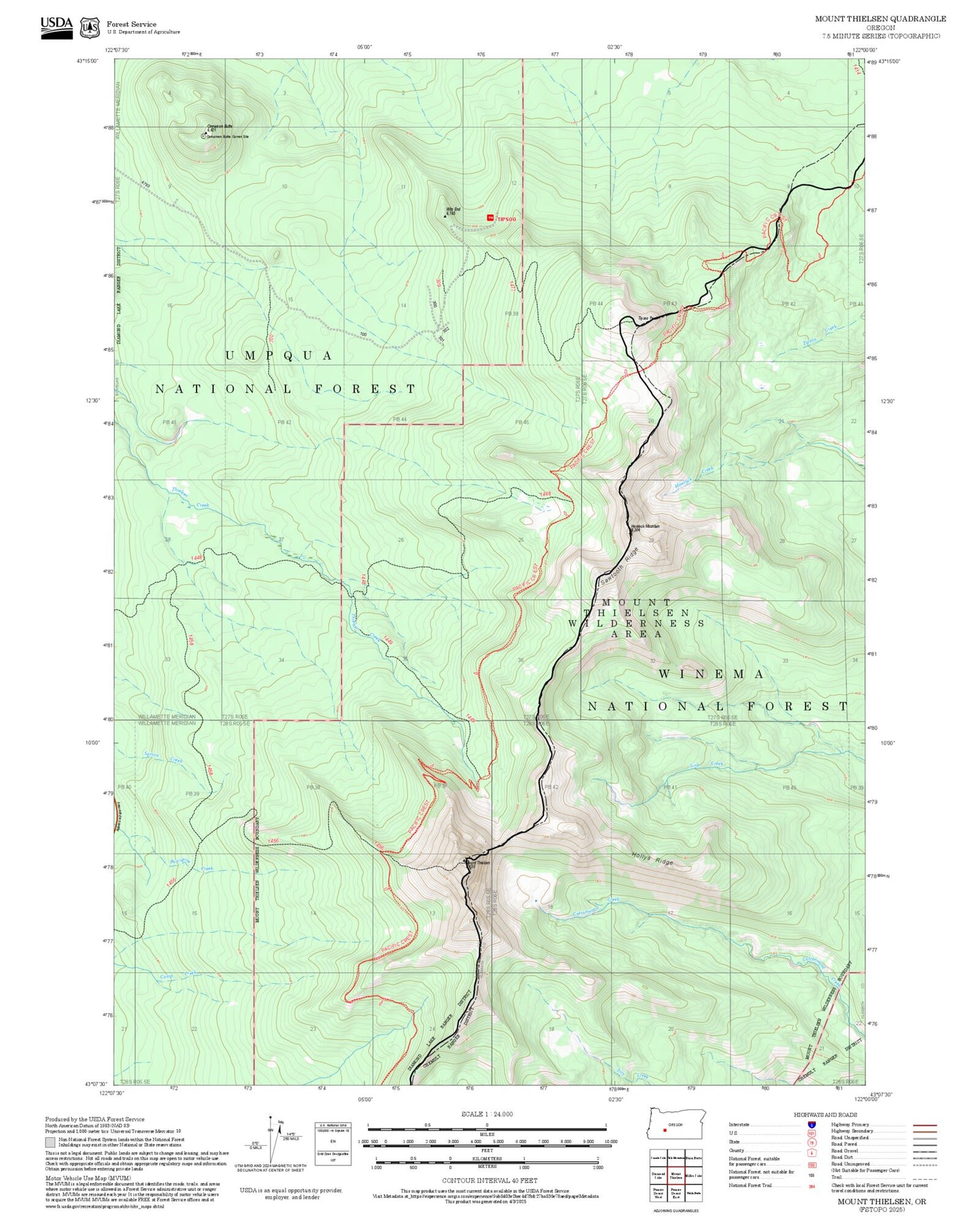 2025 Forest Service Topo Map of Mount Thielsen Oregon