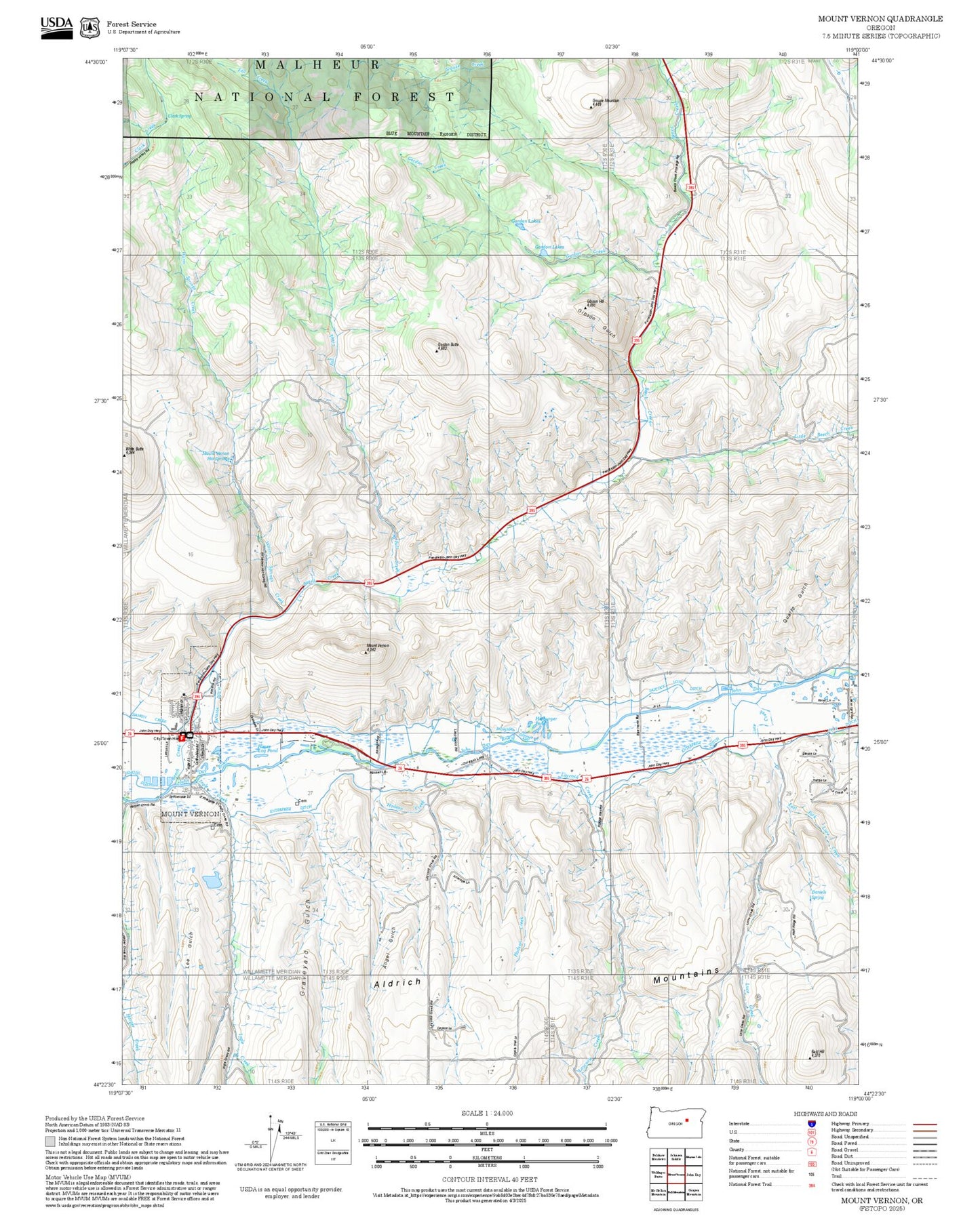 2025 Forest Service Topo Map of Mount Vernon Oregon