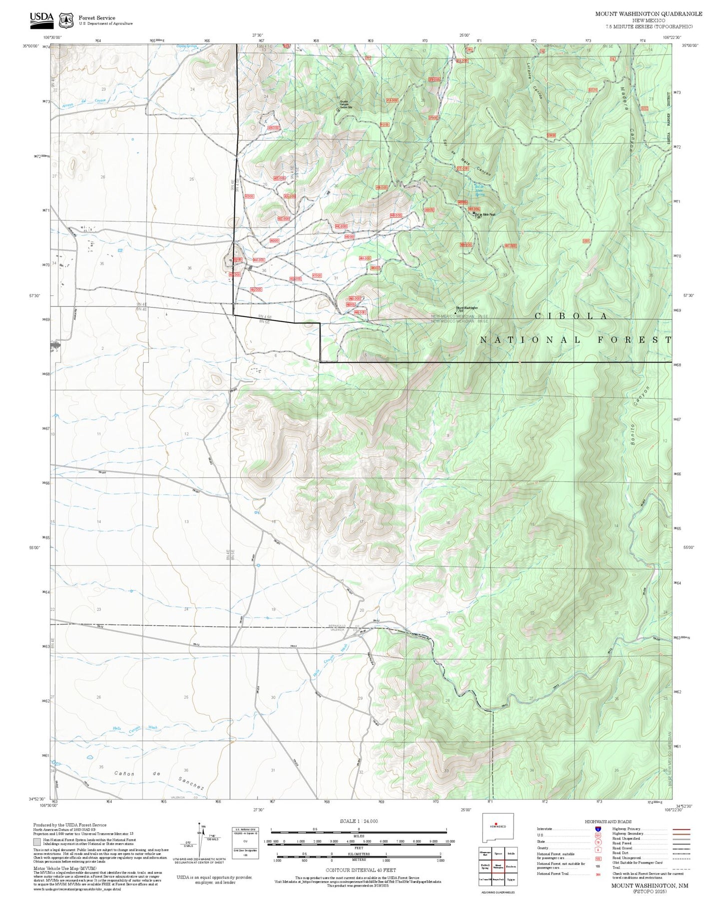 2025 Forest Service Topo Map of Mount Washington New Mexico