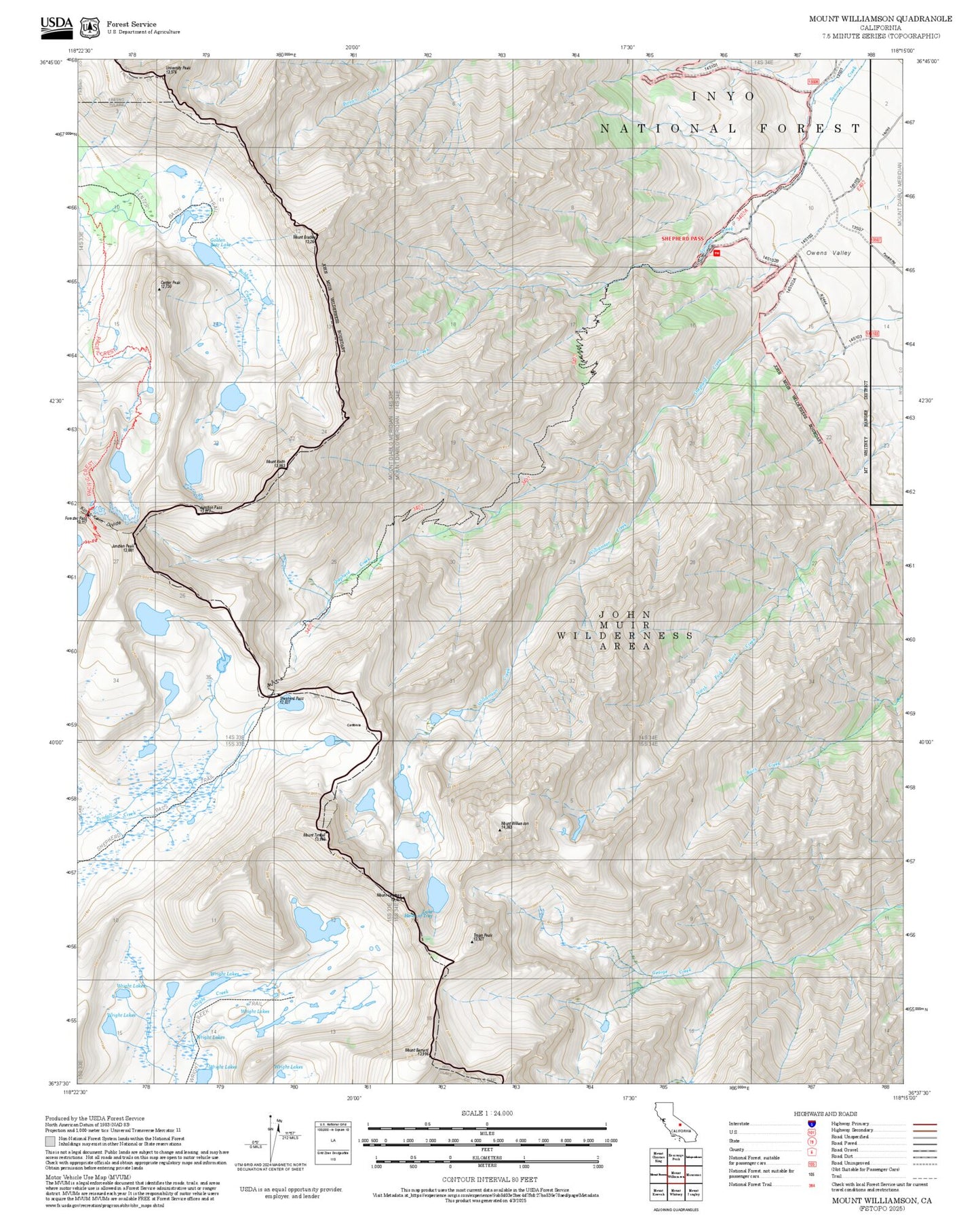 2025 Forest Service Topo Map of Mount Williamson California