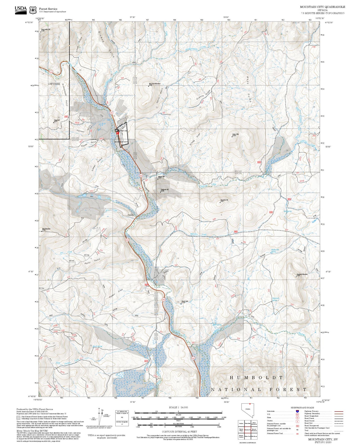 2025 Forest Service Topo Map of Mountain City Nevada