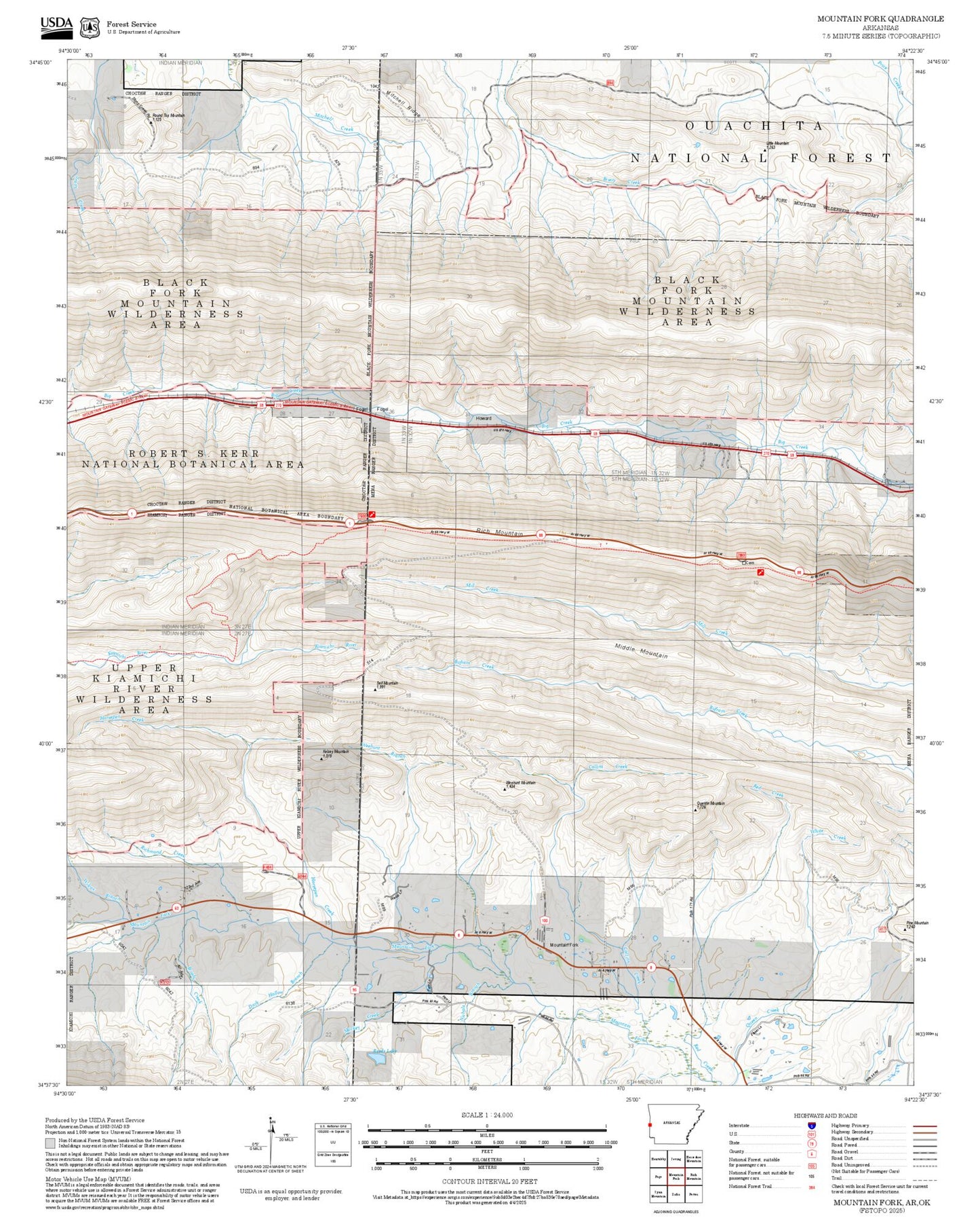 2025 Forest Service Topo Map of Mountain Fork Arkansas