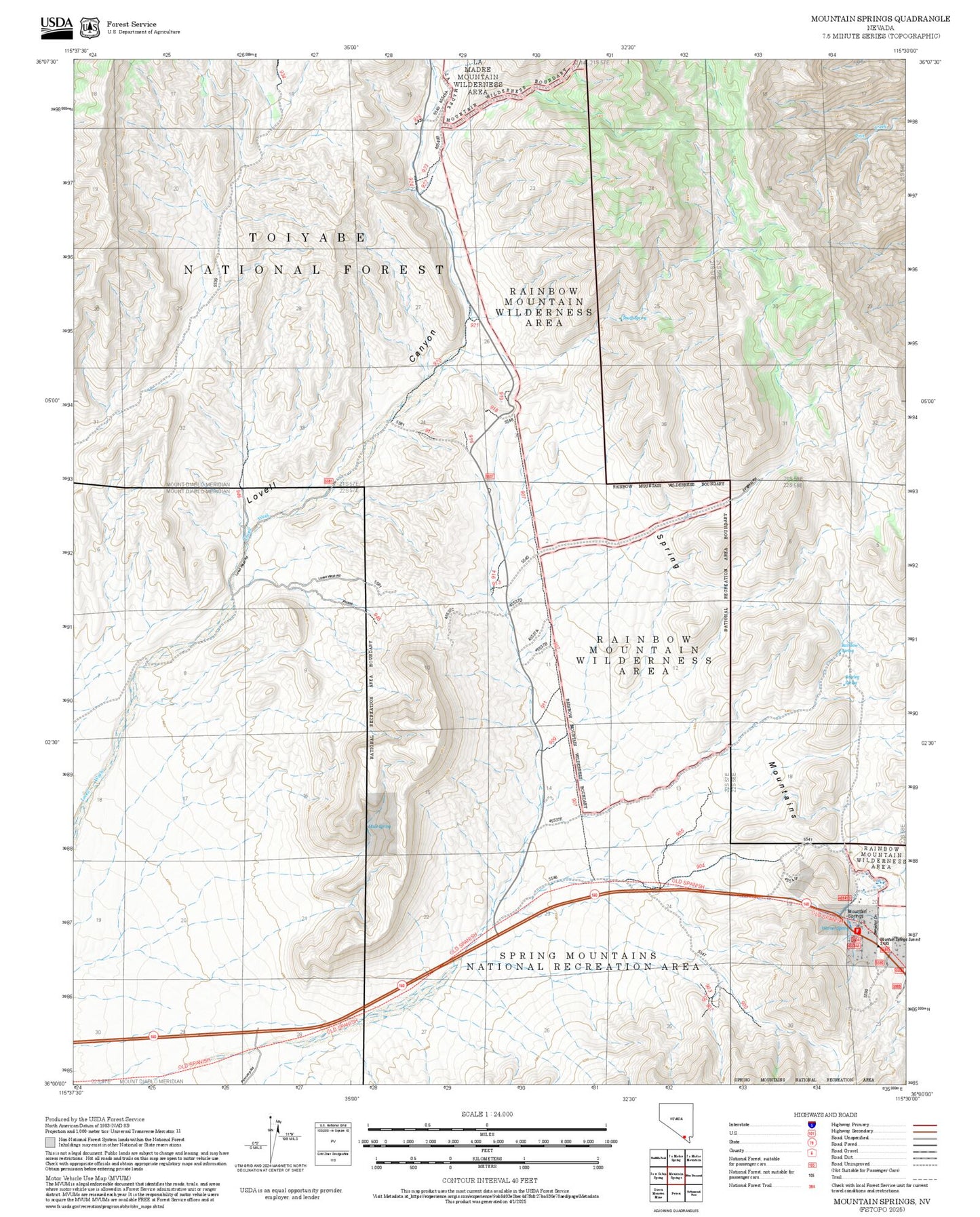 2025 Forest Service Topo Map of Mountain Springs Nevada