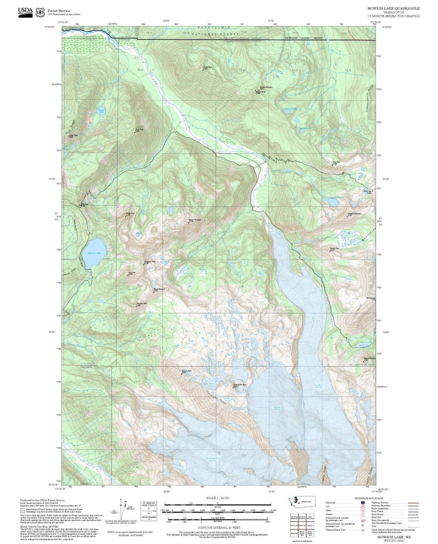 2025 Forest Service Topo Map of Mowich Lake Washington