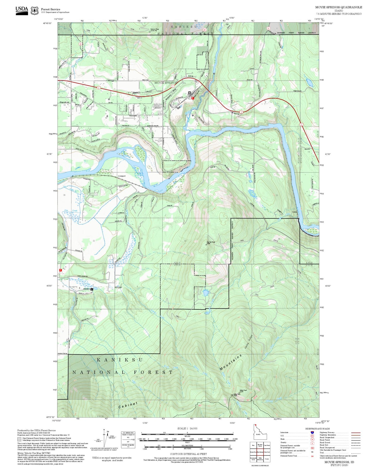 2025 Forest Service Topo Map of Moyie Springs Idaho