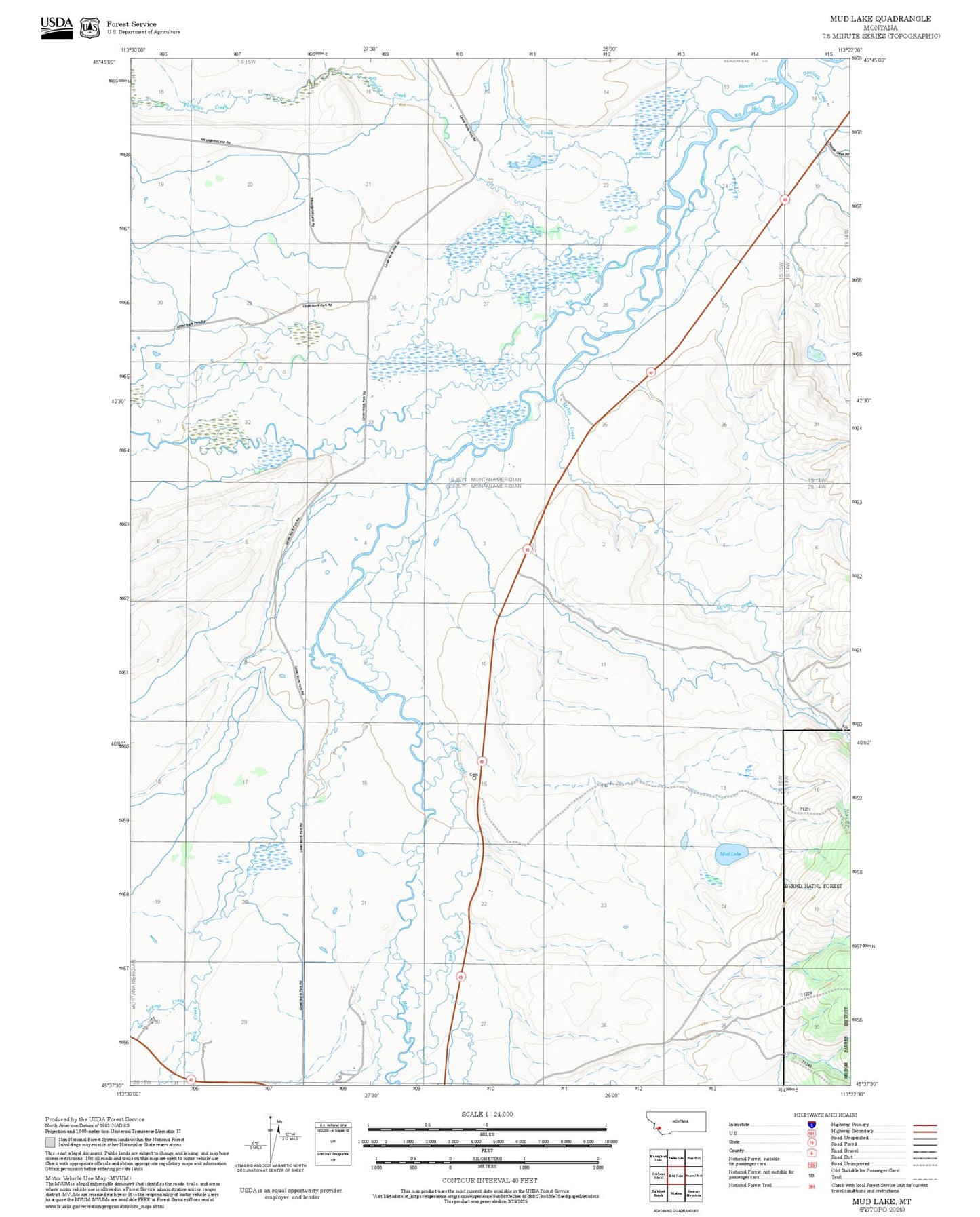 2025 Forest Service Topo Map of Mud Lake Montana