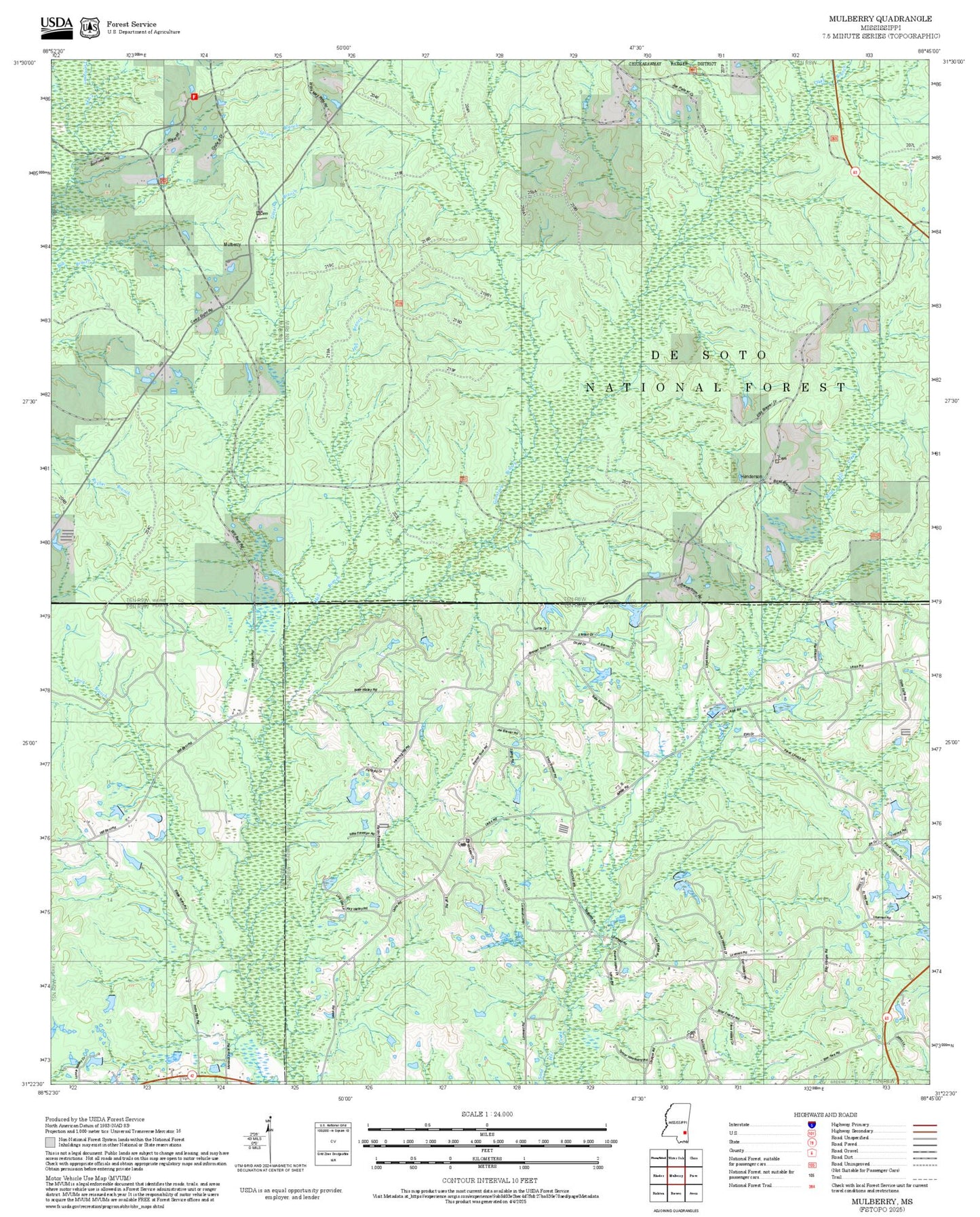 2025 Forest Service Topo Map of Mulberry Mississippi