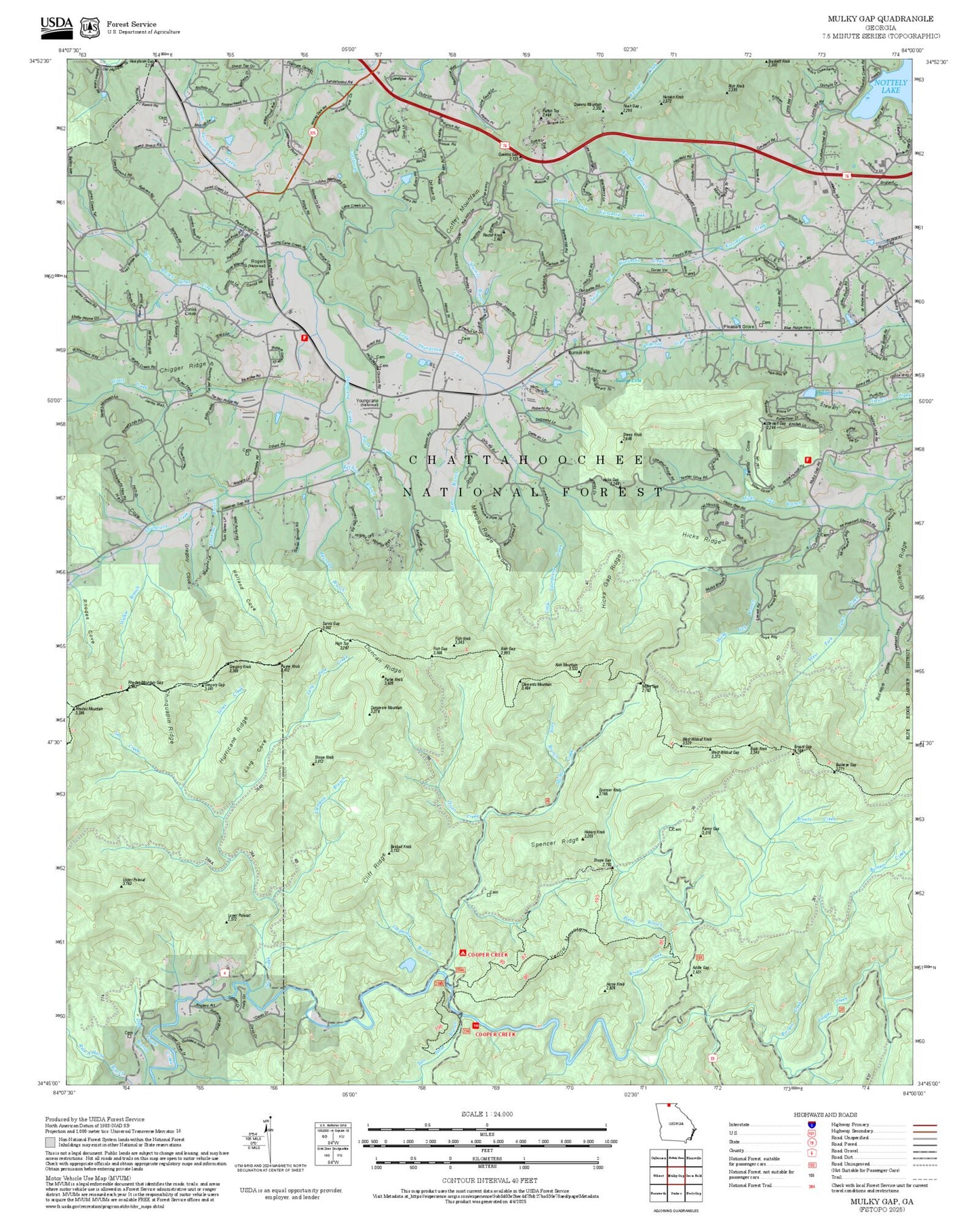 2025 Forest Service Topo Map of Mulky Gap Georgia