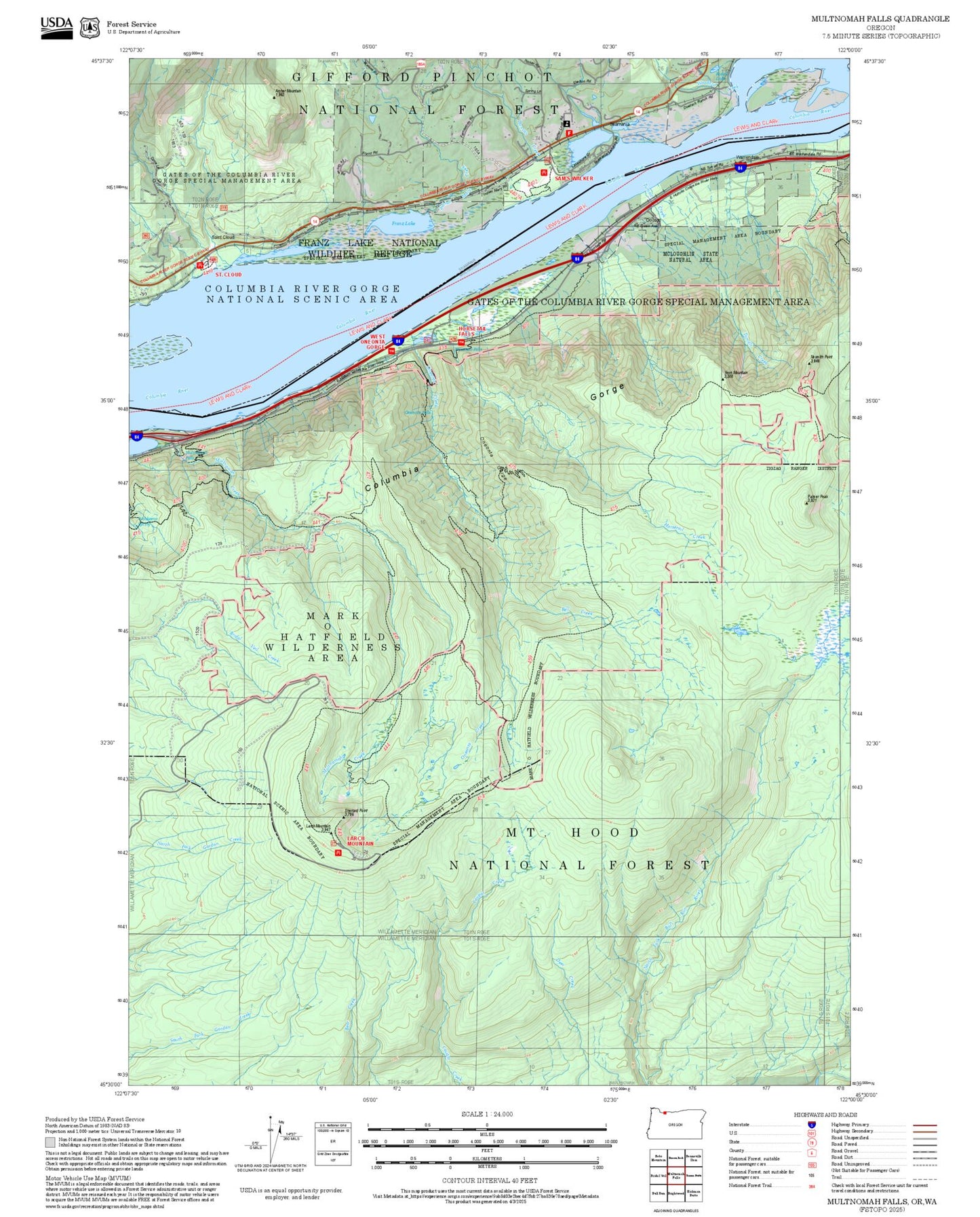 2025 Forest Service Topo Map of Multnomah Falls Oregon
