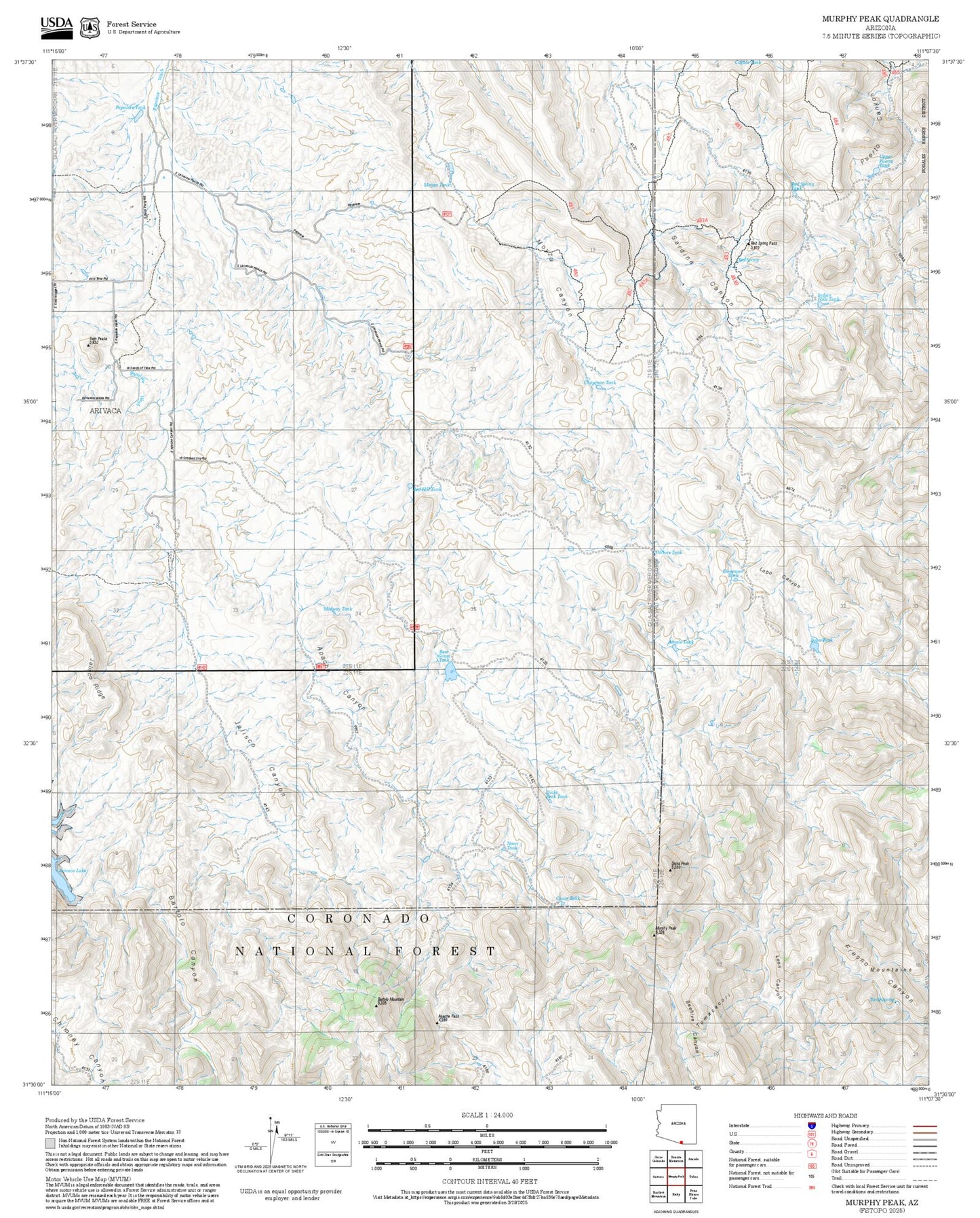 2025 Forest Service Topo Map of Murphy Peak Arizona
