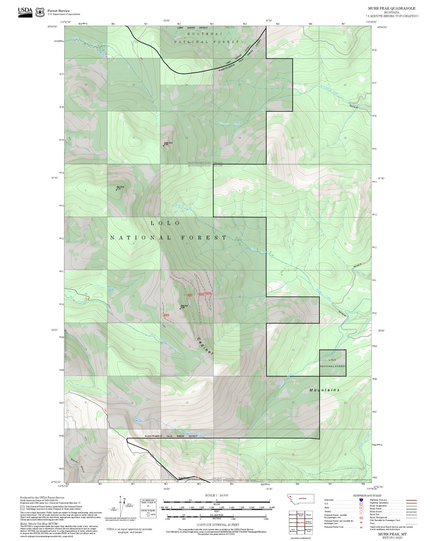 2025 Forest Service Topo Map of Murr Peak Montana