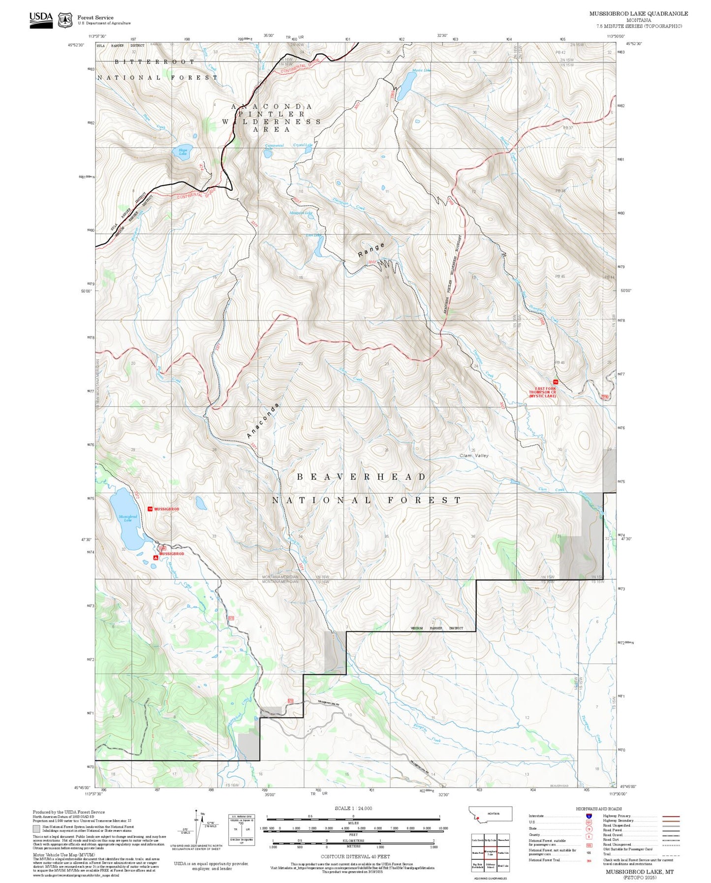 2025 Forest Service Topo Map of Mussigbrod Lake Montana